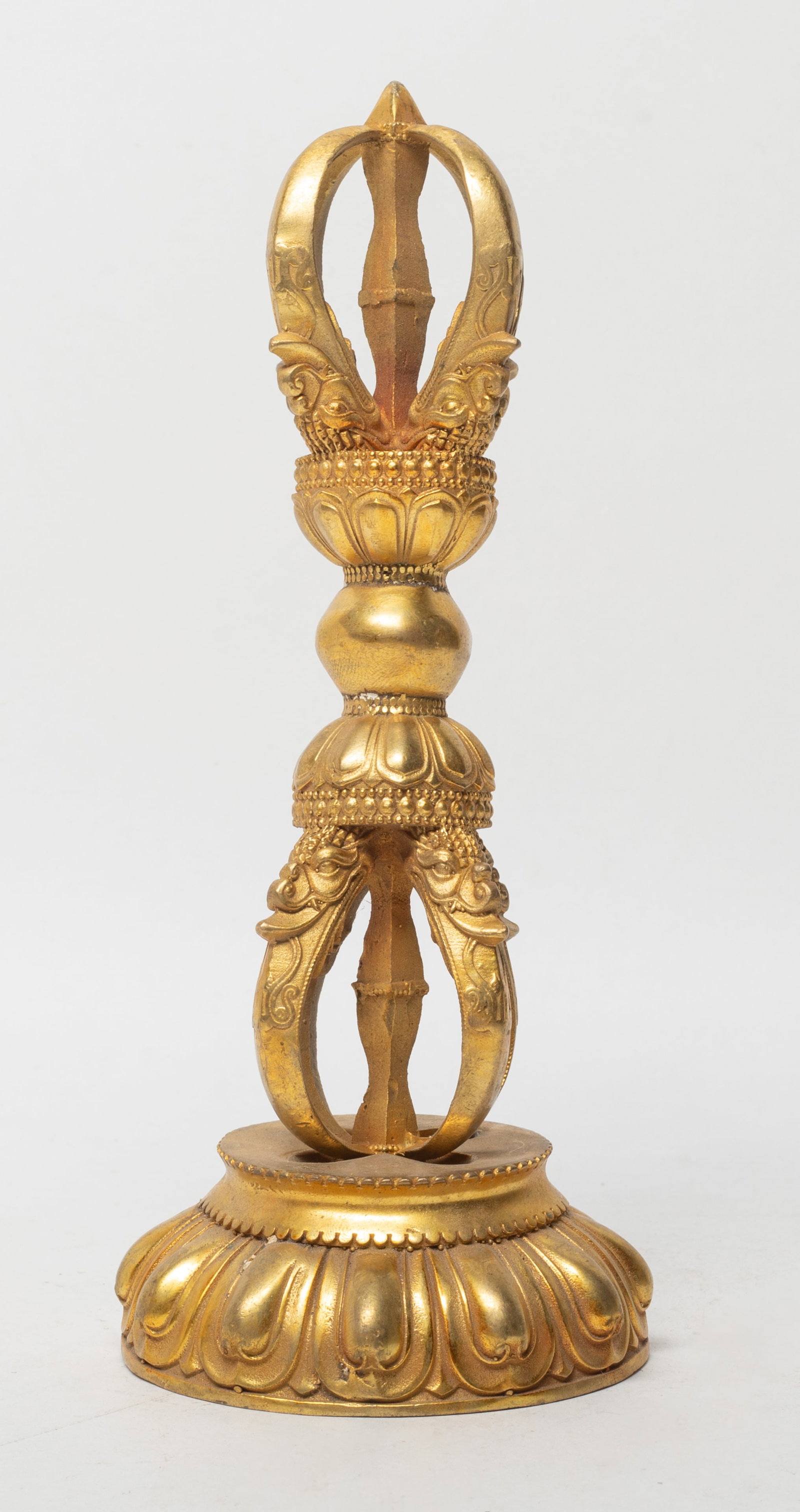 Estate Chinese Bronze Sculpture of Vajra: Chinese gilt bronze sculpture of vajra with matched lotus base. Approx. 8*3.3 inch (w/ base).