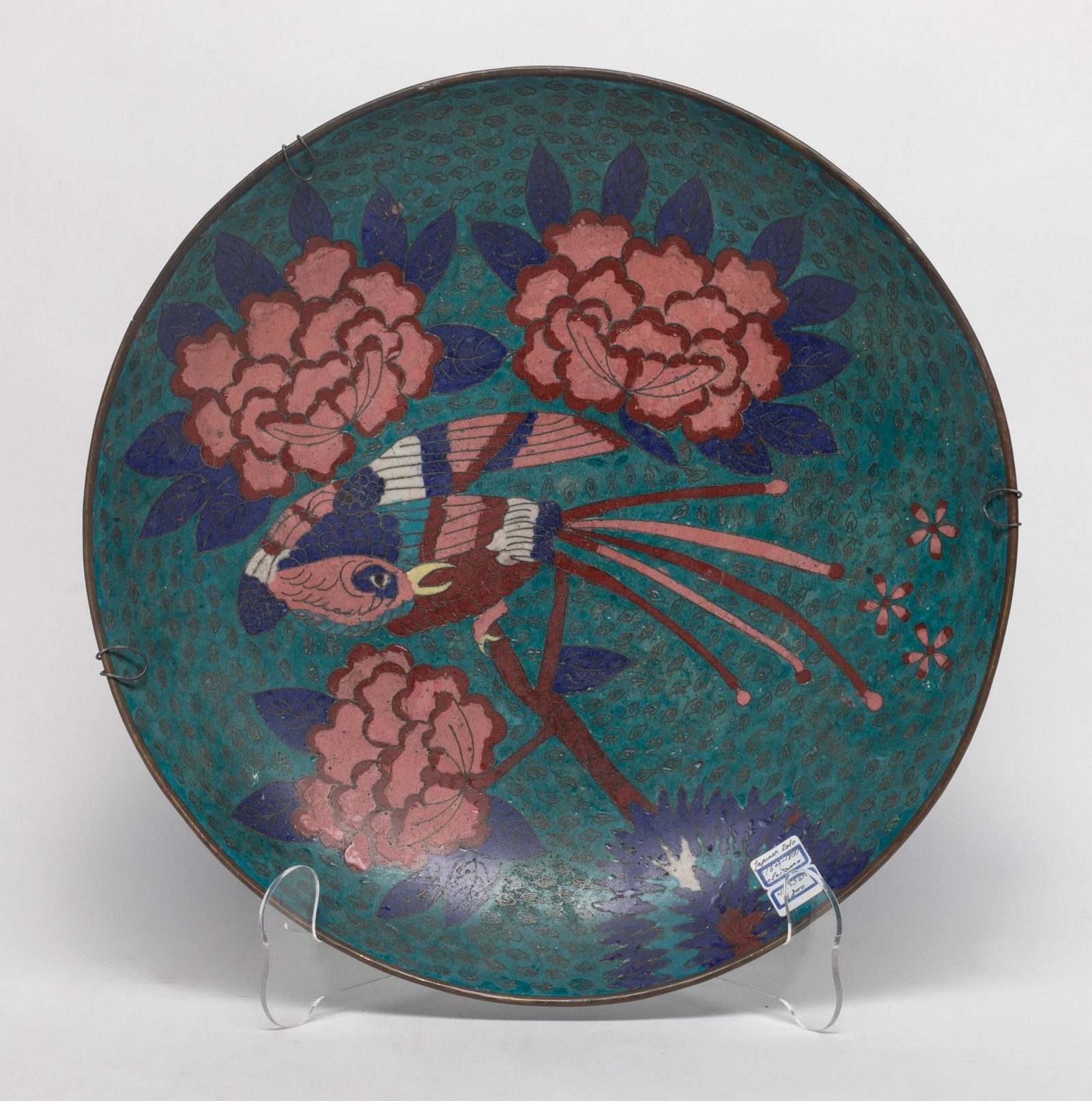 Antique Japanese Edo Cloisonne Charger: Large Chinese Edo cloisonne charger enameled with birds and flowers. Approx. 11.8*2 inch.