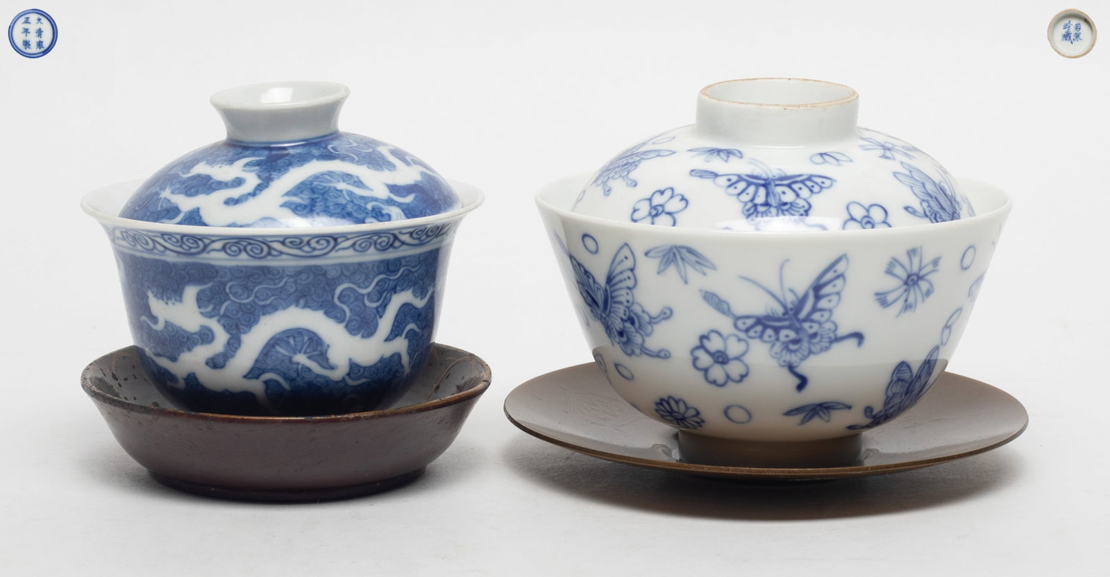 Estate Two Chinese Porcelain Tea Cups: Two Chinese blue and white porcelain tea cups, one bottom marked six characters, the other marked four characters, with saucers. Approx. 4.1*3.3 inch (larger).