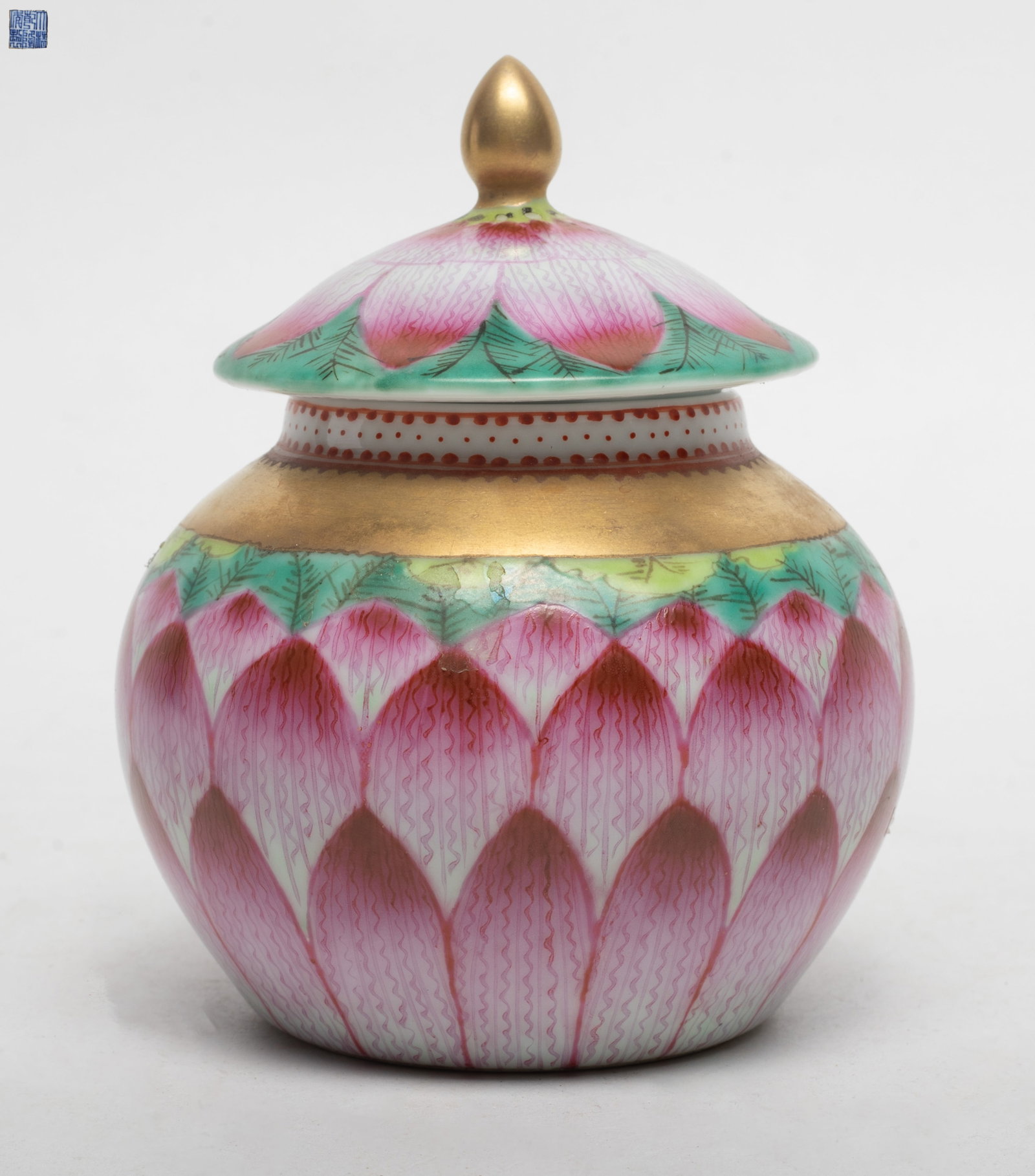 Chinese Famille Rose Porcelain Lotus Jar: Chinese famille rose porcelain lotus covered jar, marked six characters to the bottom. Approx. 4.7*3.9 inch.