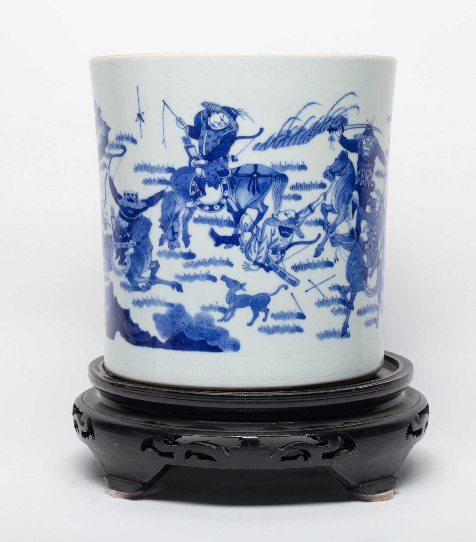Large Chinese Porcelain Brush Pot w/ Wood Base: Large Chinese blue and white porcelain brush pot decorated figural warrior scene, with wood base. Approx. 8.3*8.2 inch (w/o base).