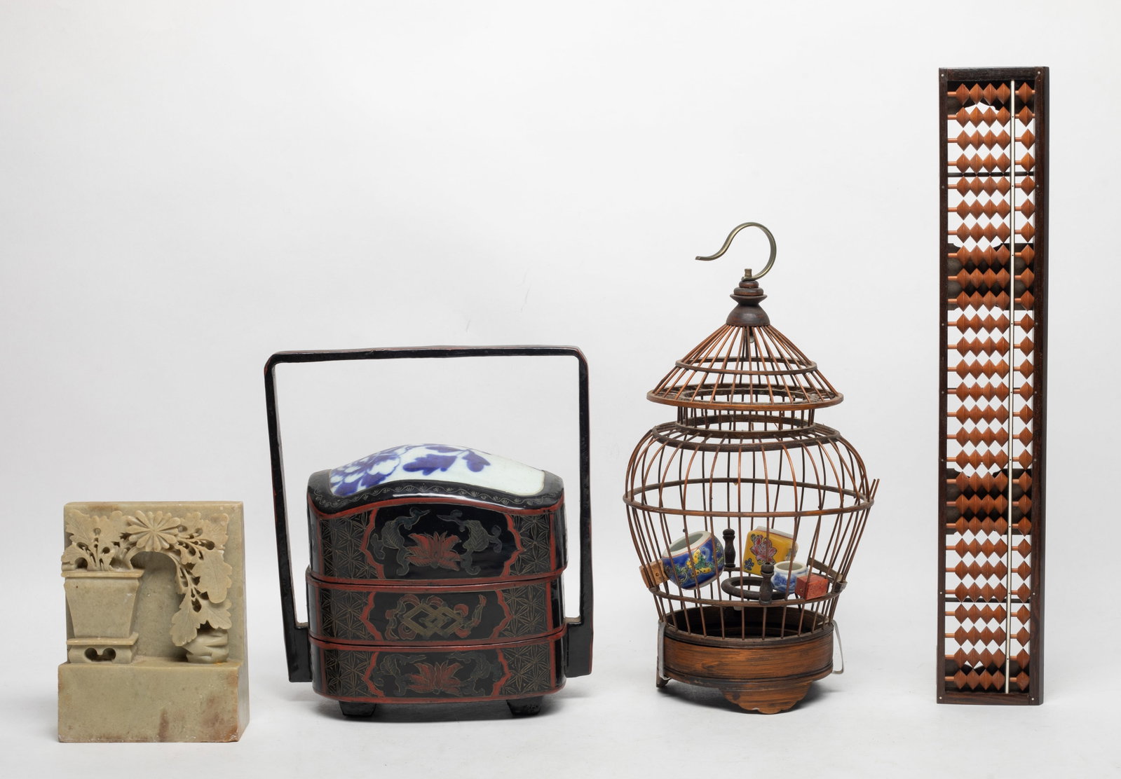 Chinese Stone, Lacquer, Wood, Bamboo Wares: Including an abacus, a bird cage, a stone sculpture and a layered lacquer box. Approx. 11.5*6 inch (cage size).