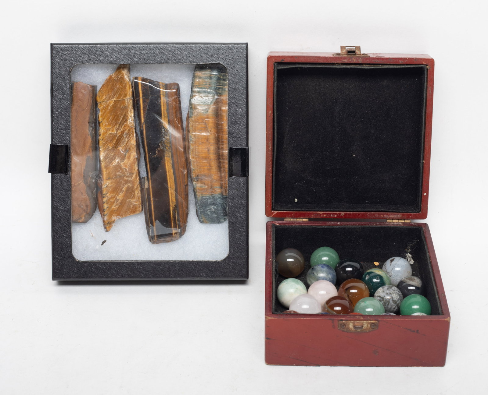 Vintage Tiger-Eye Stone Sticks, Gemstone Balls: Collection of tiger-eye stone carved sticks and gemstone balls, with boxes. Size varies.