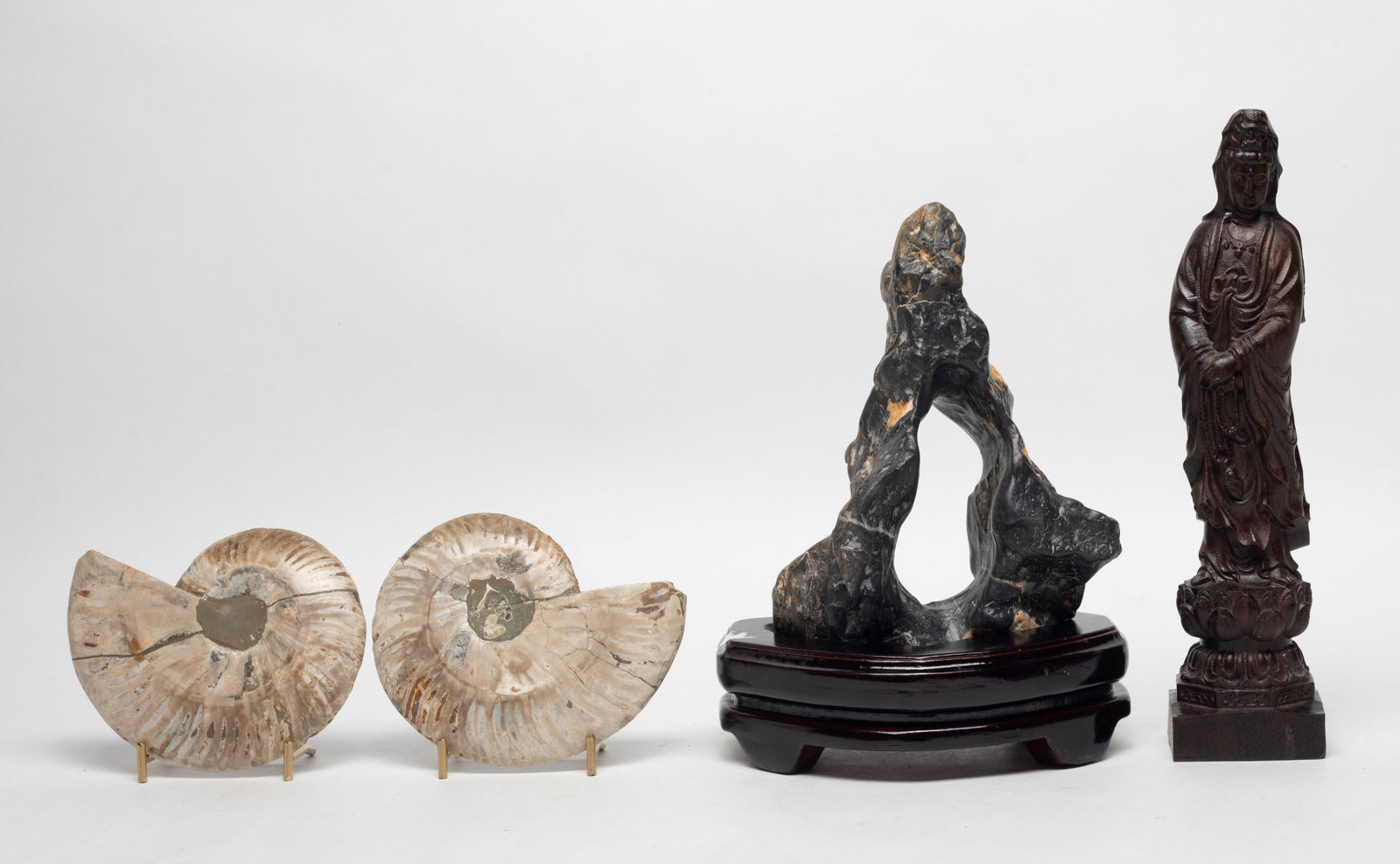 Chinese Scholar Stone, Wood Buddha: Including a wood Buddha sculpture, a scholar stone sculpture with stand, and two ammonite sculptures with stands. Approx. 10.5*2.5*2.1 inch (wood size).