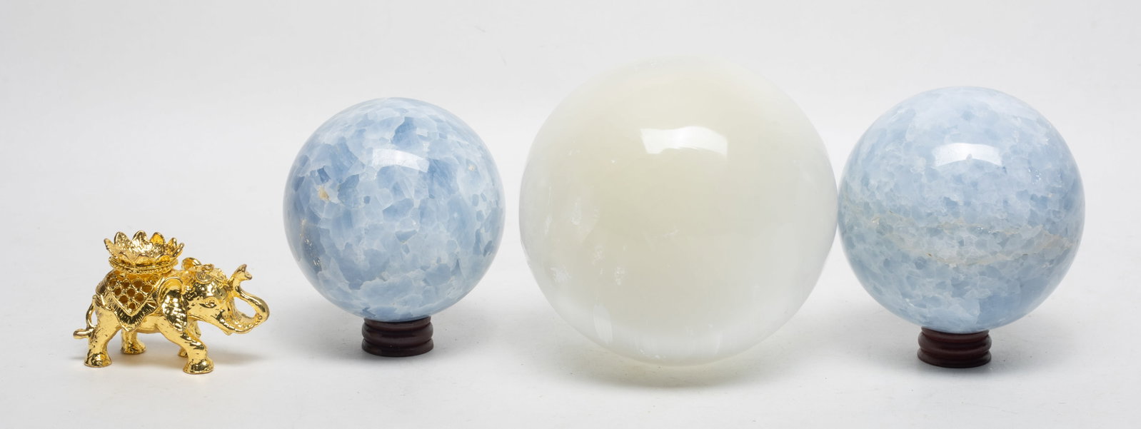 Heavy Stone Gemstone Balls: Three heavy stone and gemstone carved balls. Approx. 4.4 inch D (largest).