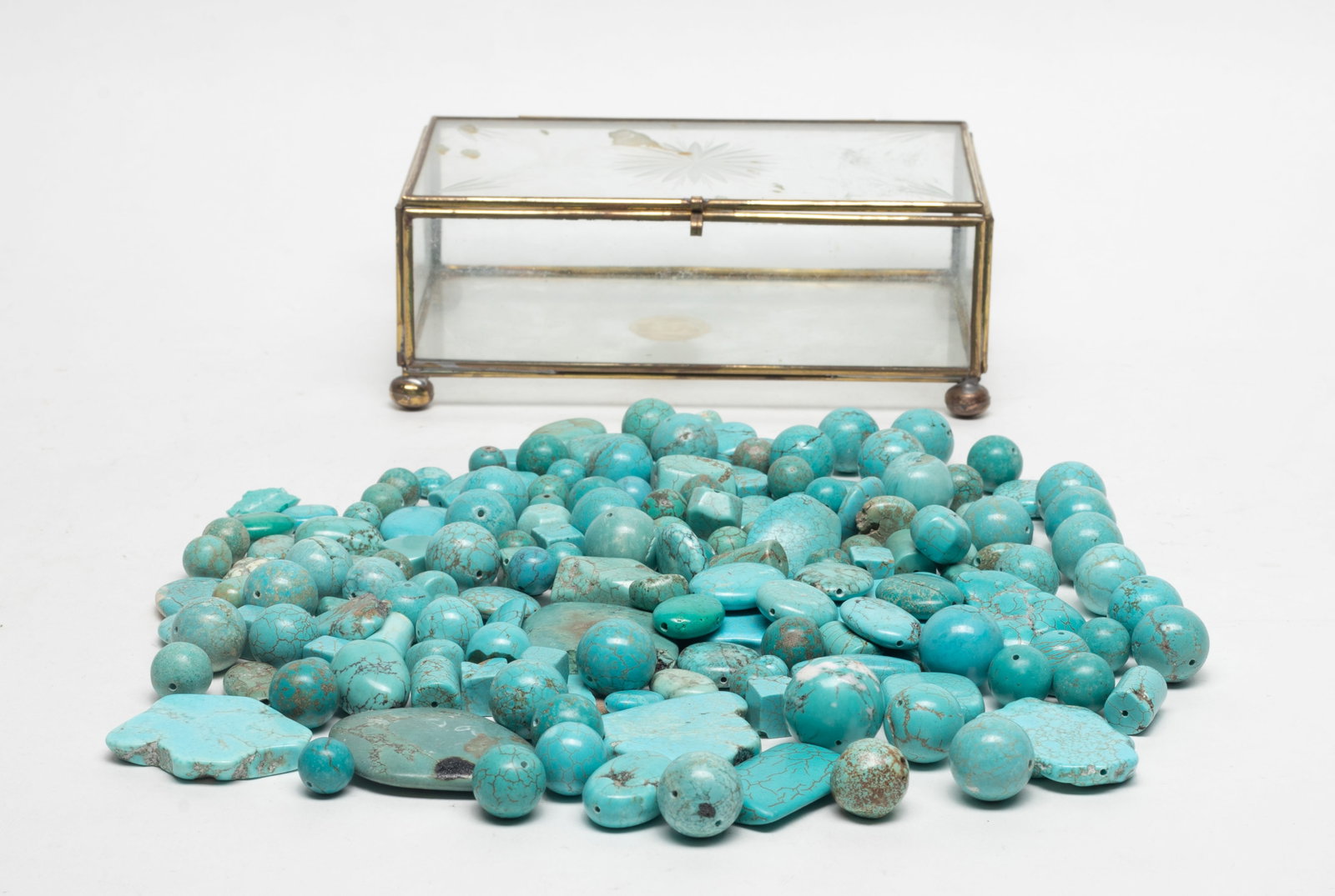 Box of Colored Stone Beads: Box of colored stone beads and nuggets. Approx. 6.5*4*2.5 inch (box size).