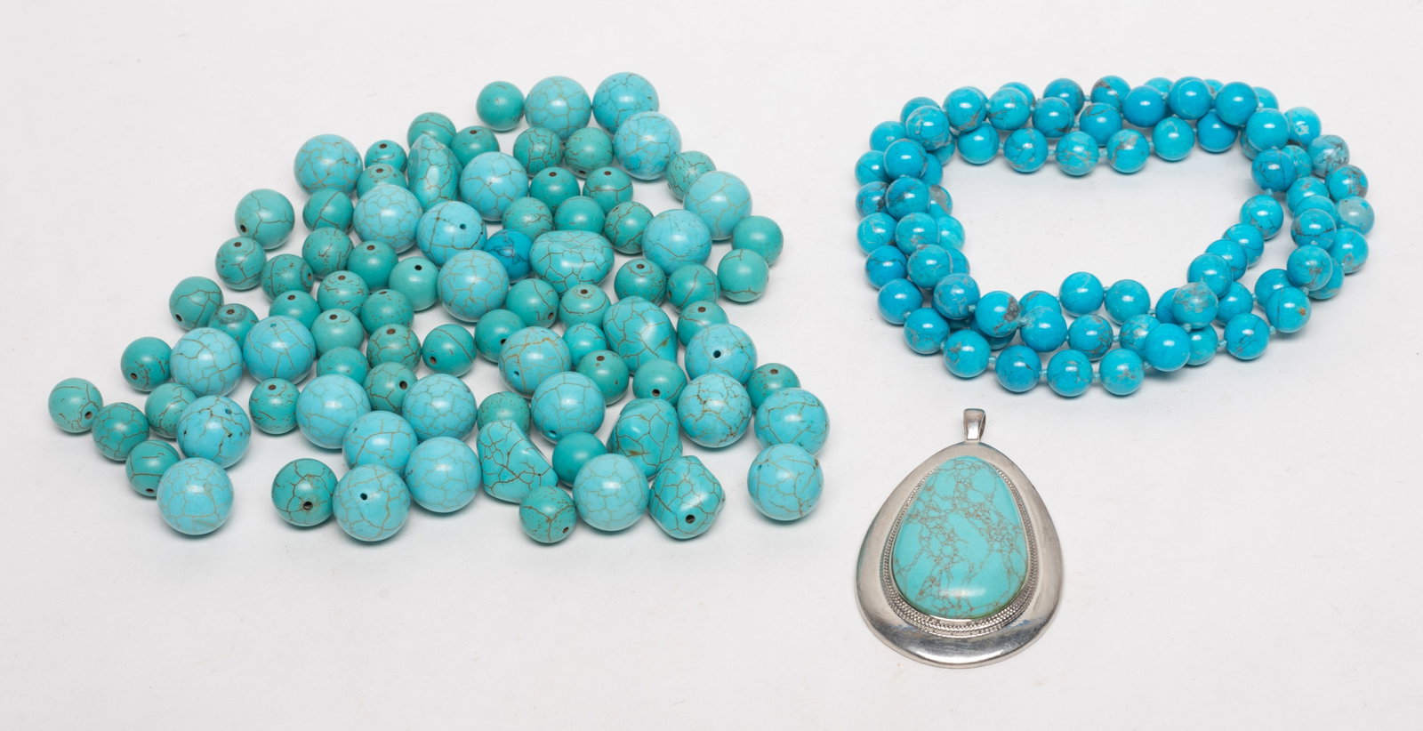 Large Set Colored Beads, Necklace, Pendant: Collection of turquoise-like pieces, including a necklace, a pendant and a large set of beads. Approx. 34 inch L (necklace size).