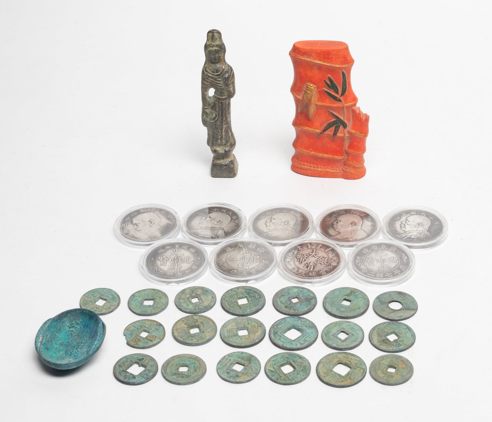 Chinese Buddha, Fengshui Coins, Ink Sculpture: Including a bamboo ink sculpture, a Buddha sculpture, and a large group of Chinese Fengshui coins. Size varies.
