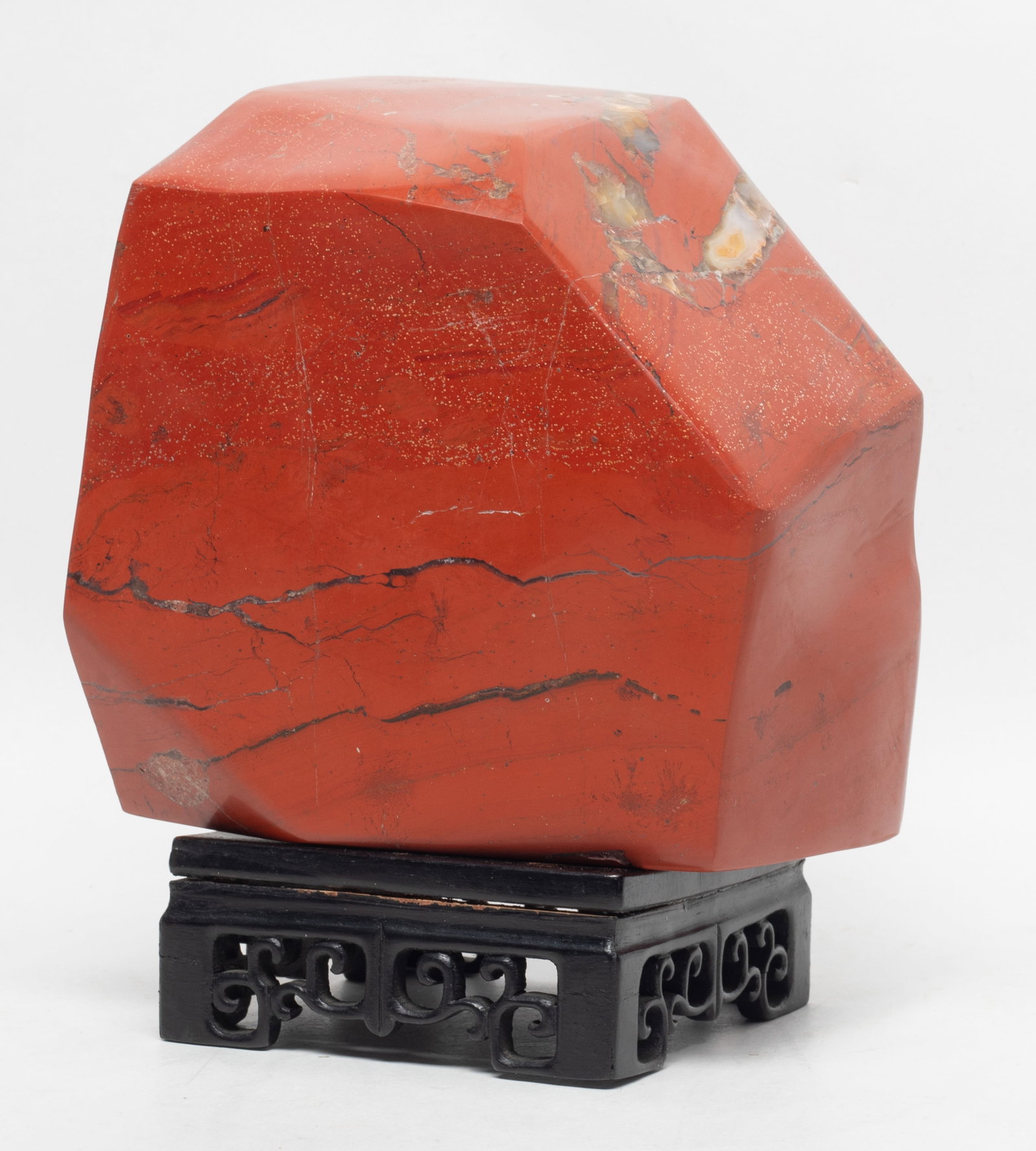 Heavy Chinese Jasper Scholar Stone: Heavy Chinese jasper stone scholar stone sculpture, with stand. Approx. 6.2*5.5*4 inch (w/o stand).