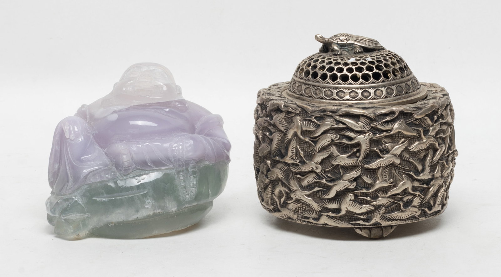 Chinese Metal Censer, Gemstone Buddha: Chinese gemstone Buddha sculpture, and metal censer with mark on the bottom. Approx. 4.7*4.5 inch (censer size).