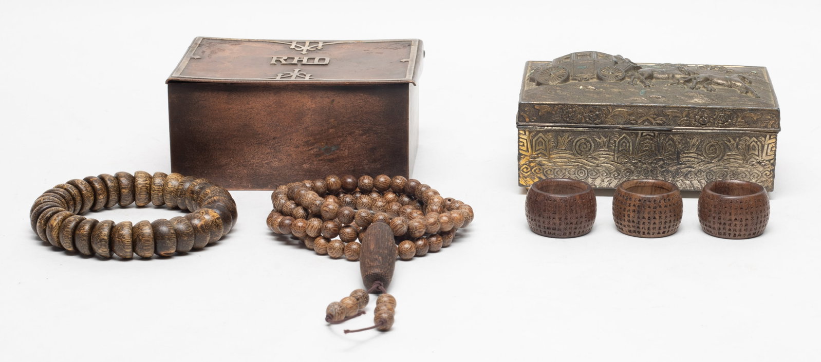 Set Chinese Export Wood Prayer Beads, Rings: Including three thumb rings, a bead bracelet and a bead necklace, with two boxes. Approx. 90 gram (total wood weight), 33 inch L (necklace size).