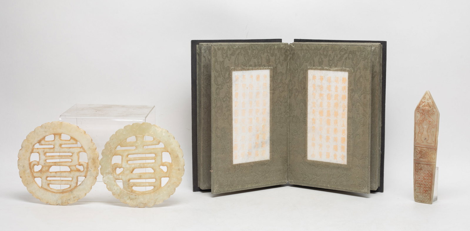 Set Chinese Export Stone Carvings: Including three stone carvings and a stone book. Approx. 9.1*5.9*1.7 inch (book size).