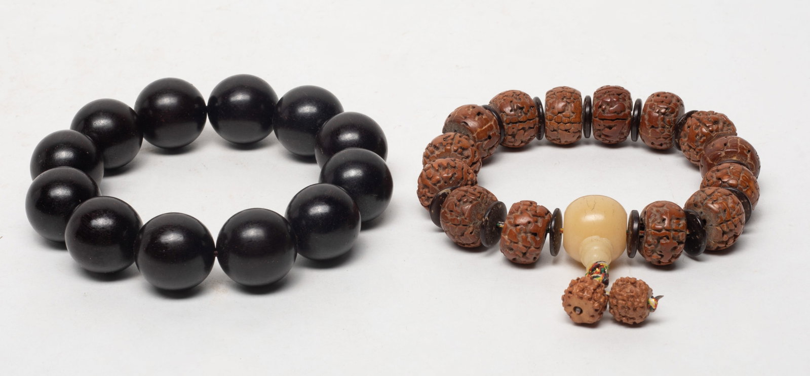 Chinese Export Wood & Seed Prayer Beads: Two strings of Chinese wood and seed carved prayer beads. Size varies.