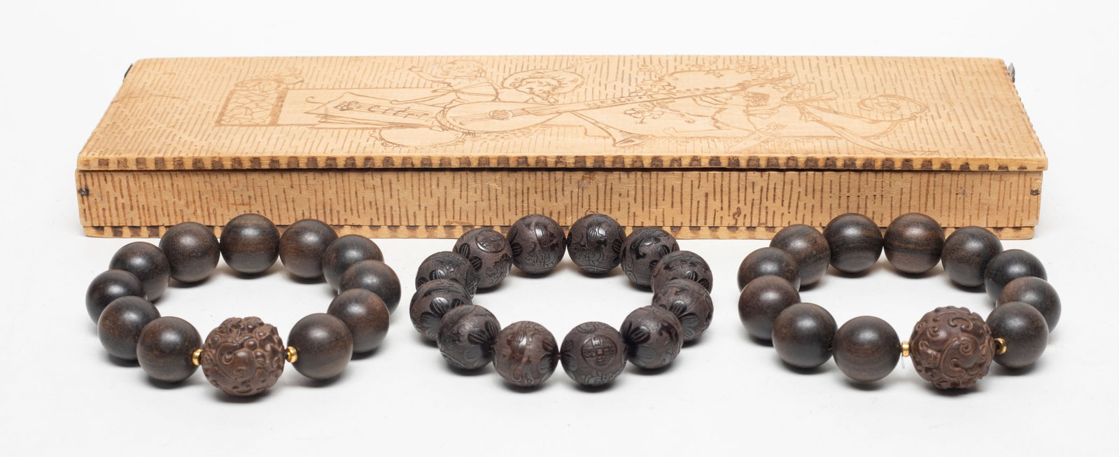Estate Three Chinese Export Wood Prayer Beads: Three strings of Chinese wood carved prayer beads, with box. Approx. 180 gram (total wood bead weight).