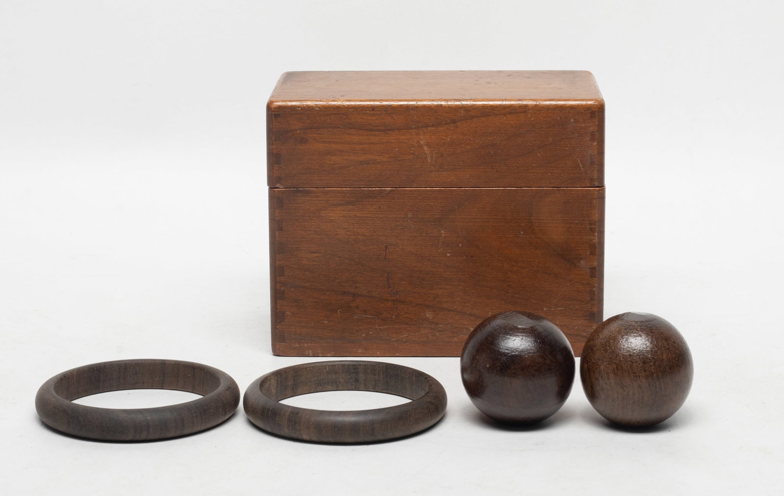 Chinese Export Wood Balls, Bangles: Including two wood balls and two bangles, with box. Approx. 130 gram (total wood weight), 1.7 inch D (larger ball size).