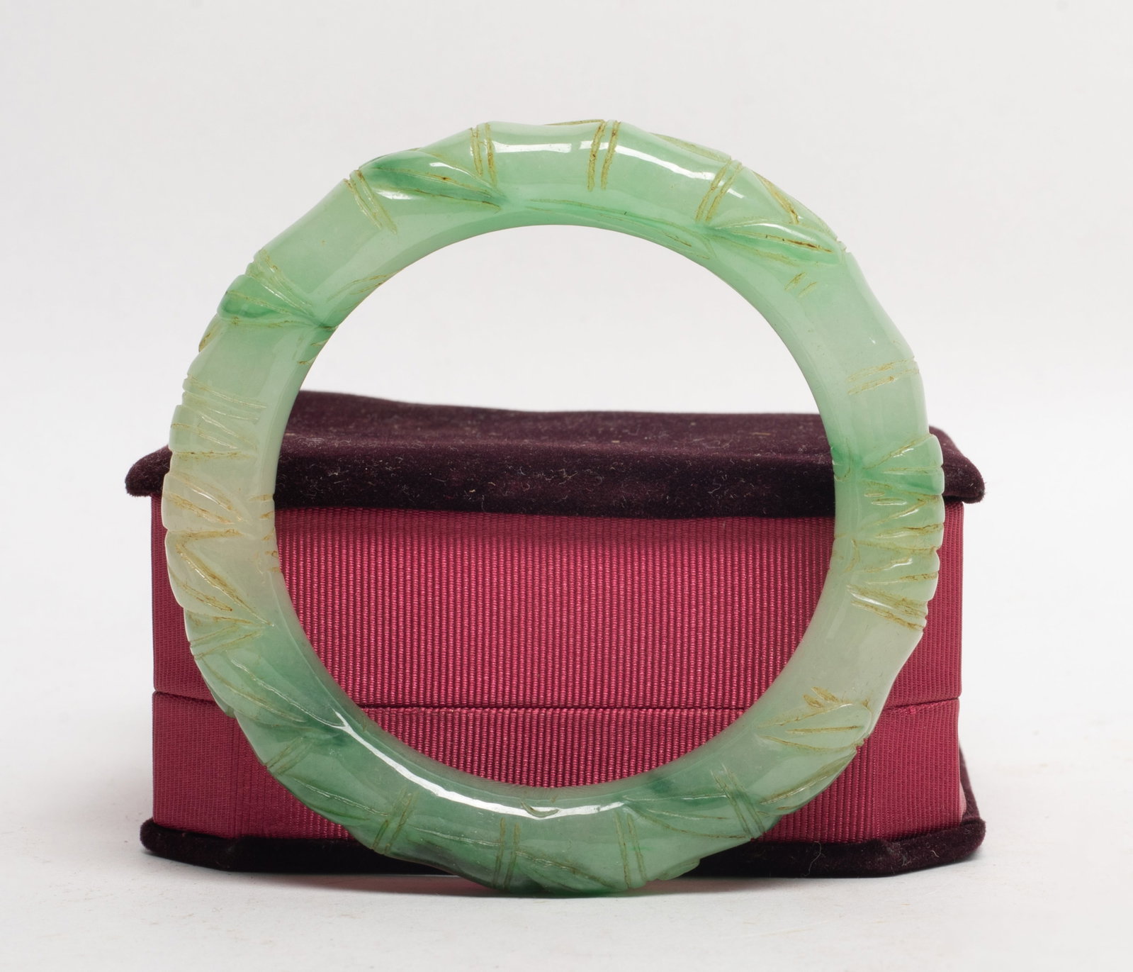 Chinese Vintage Colored Stone Bangle: Chinese colored stone carved bamboo form bangle, with box. Approx. 3.3 inch outer diameter, 2.37 inch inner diameter.
