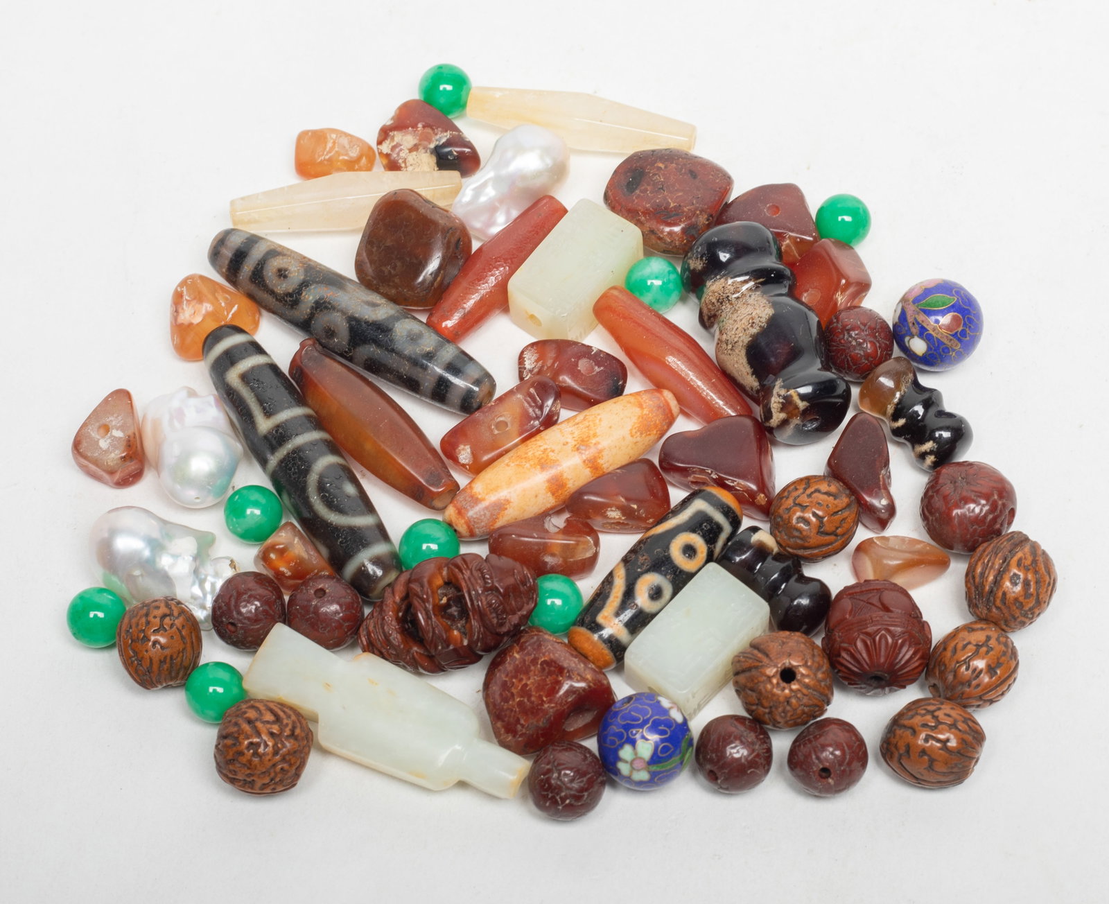 Large Set Chinese Export Beads Collection: Large set of Chinese stone, agate, seed and decor beads. Size varies.