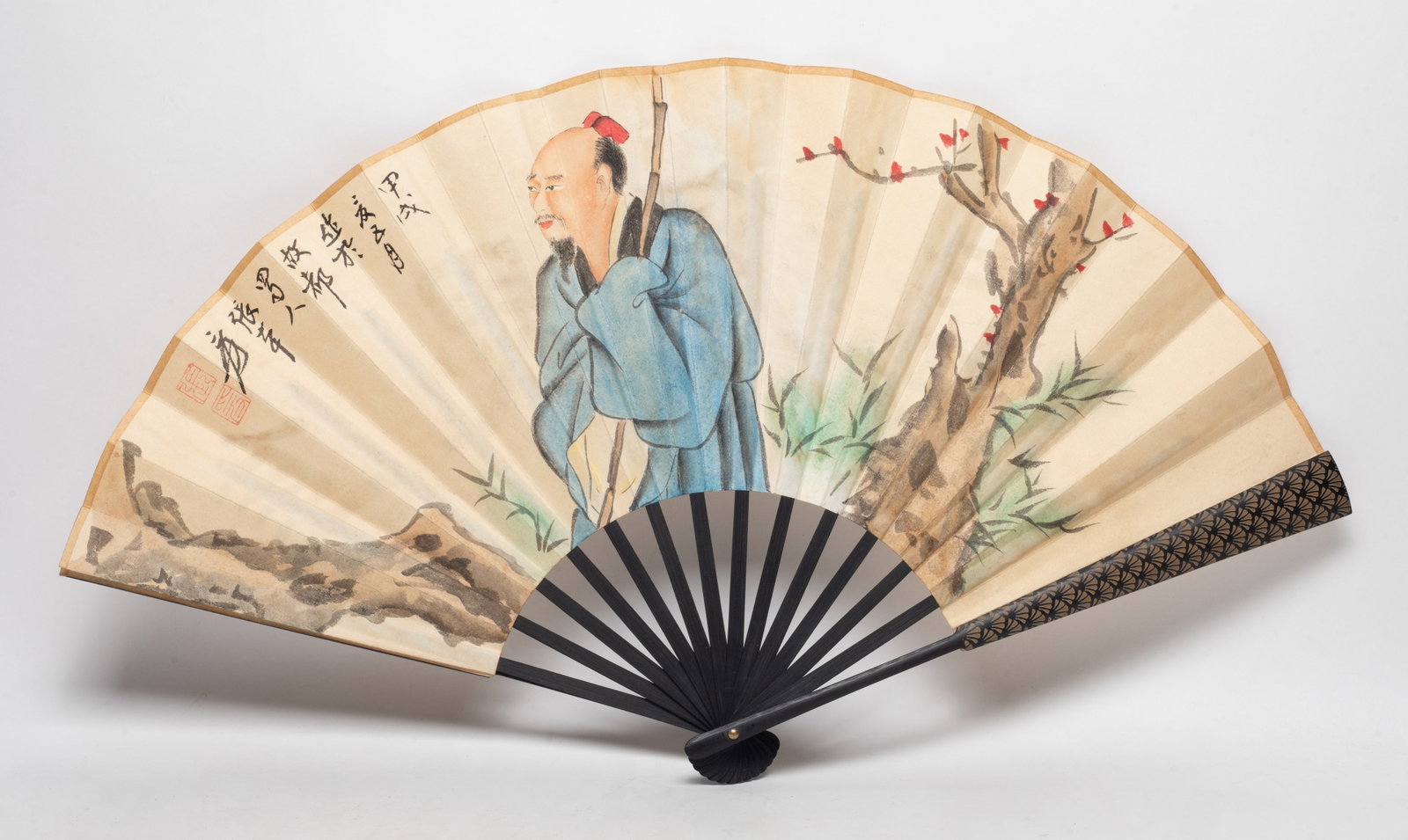 Estate Chinese Watercolor Painting Fan: Chinese watercolor painting fan depicting a scholar. Approx. 23*12.8 inch.