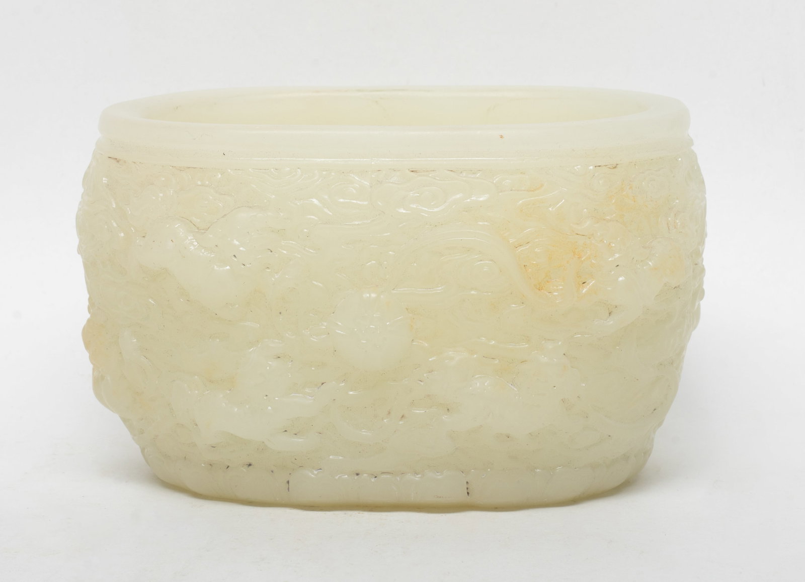 Estate Chinese Jade Like Dragon Washer: Chinese jade-like washer carved with playing beasts over clouds. Approx. 4.8*3.6*2.8 inch.