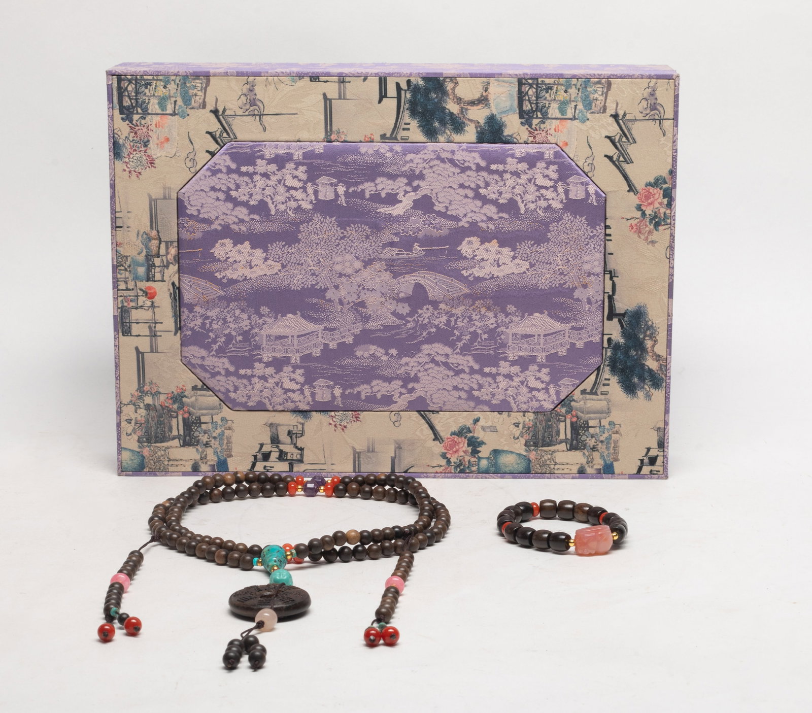 Chinese Export Agarwood Necklace, Bracelet: Chinese agarwood and gemstone bead necklace and bracelet, with box. Approx. 35 inch L (necklace size).