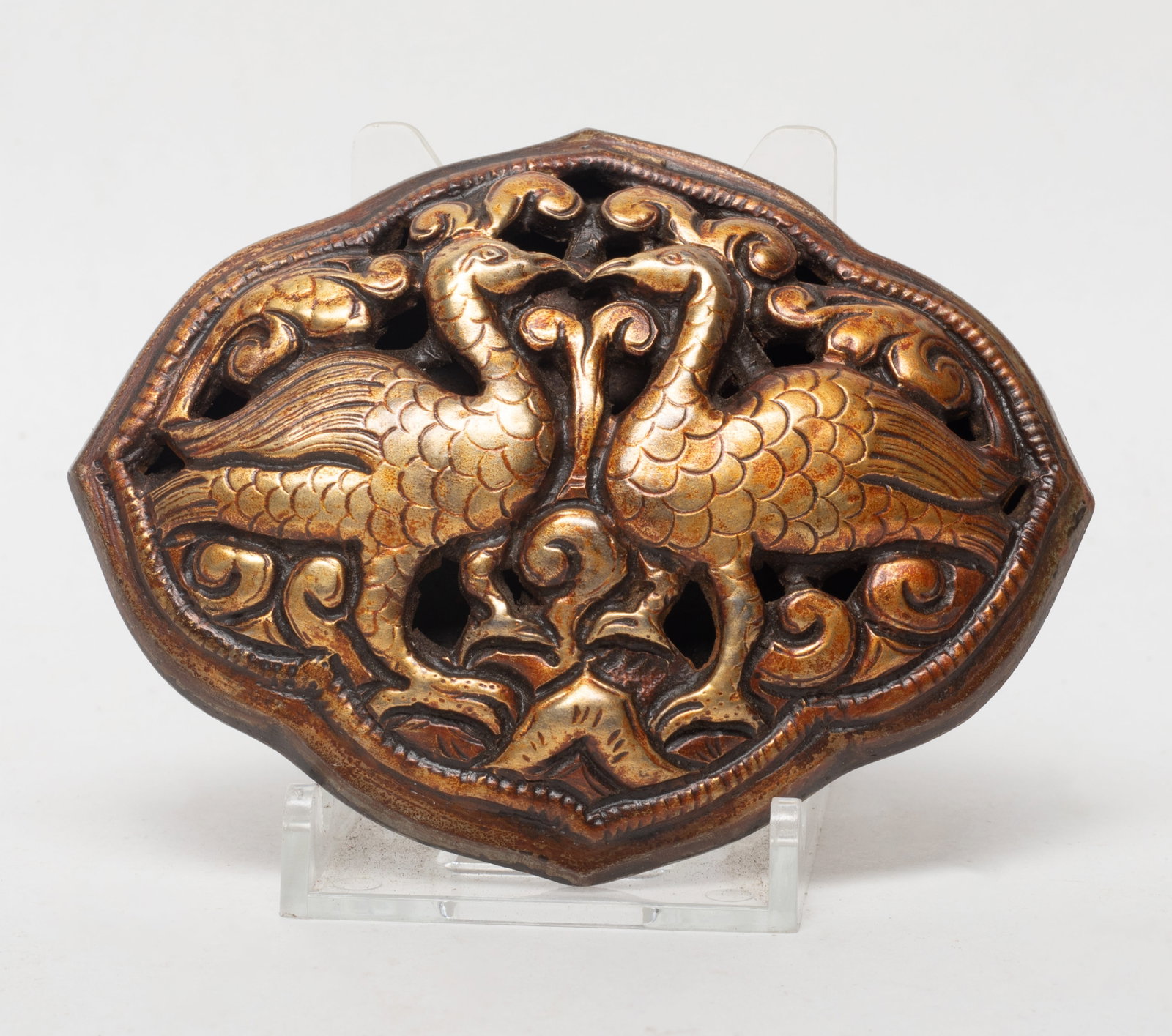 Rare Chinese / Tibetan Bronze Belt Buckle: Chinese / Tibetan bronze belt buckle cast with a pair of birds. Approx. 4.05*3.2*1 inch.