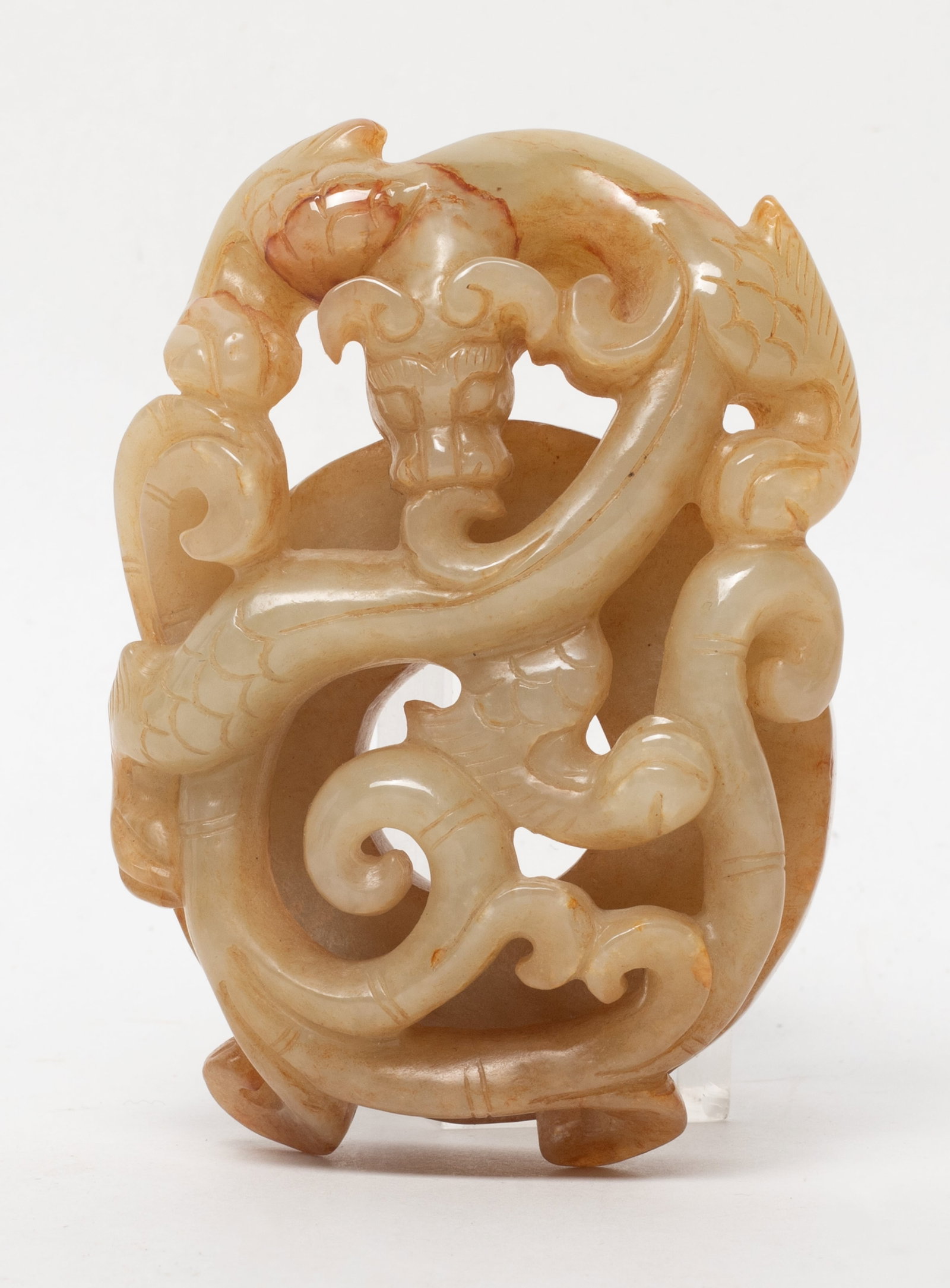 Chinese Jade Dragon Pendant: Large Chinese russet jade pendant carved with stylized dragon sinuous over disc bi. Approx. 3.27*2.3*1 inch.