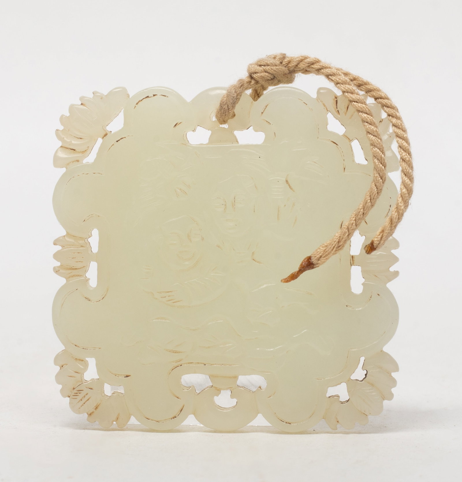 Estate Chinese Export Jade Pendant: Chinese jade pendant carved with Hehe Erxian and bat. Approx. 1.9*1.9 inch.