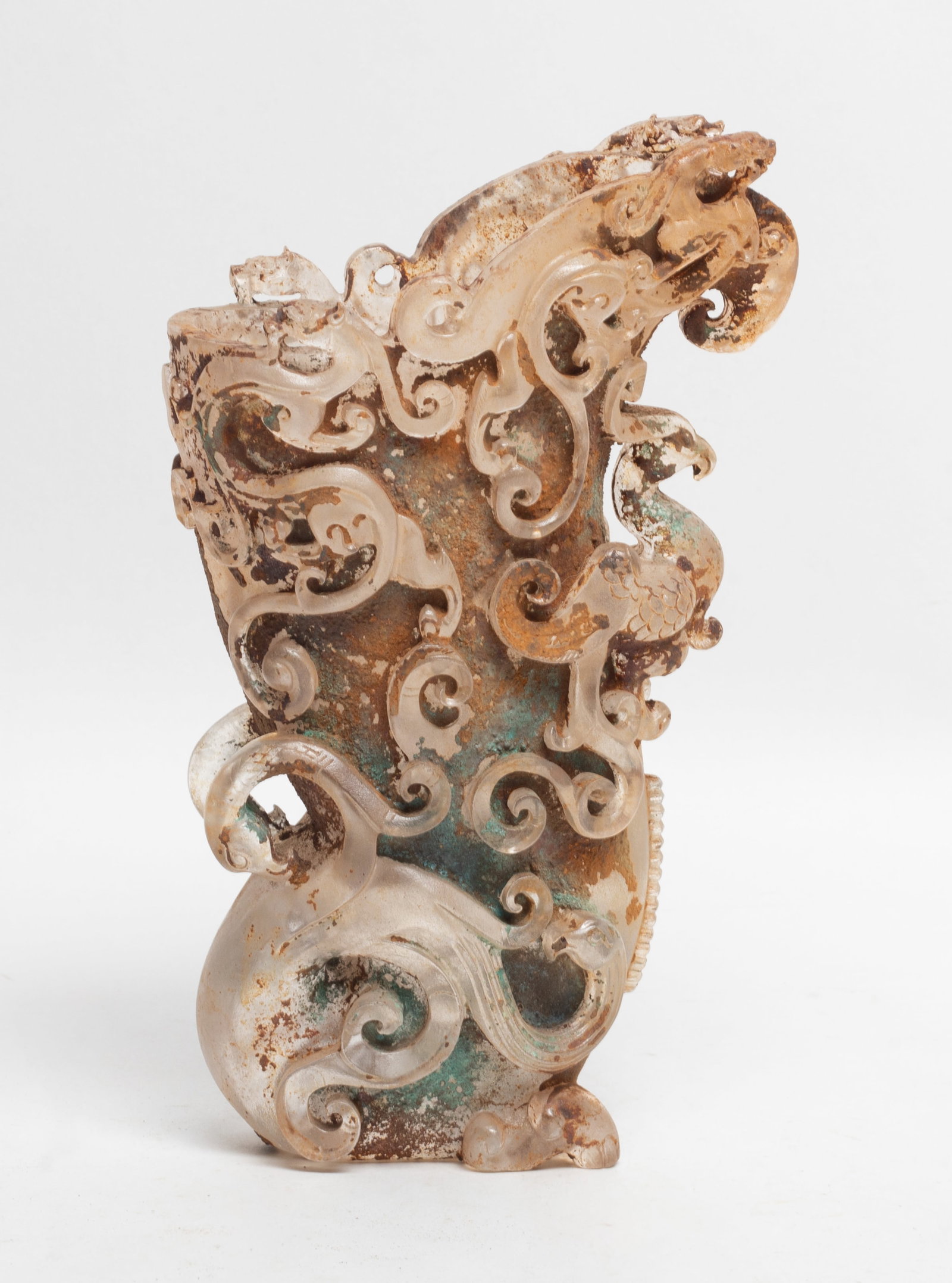 Rare Chinese Clear Glass Carved Cup: Chinese clear glass cup carved in high relief with archaistic dragons and bird. Approx. 7.2*4.3*2.9 inch.