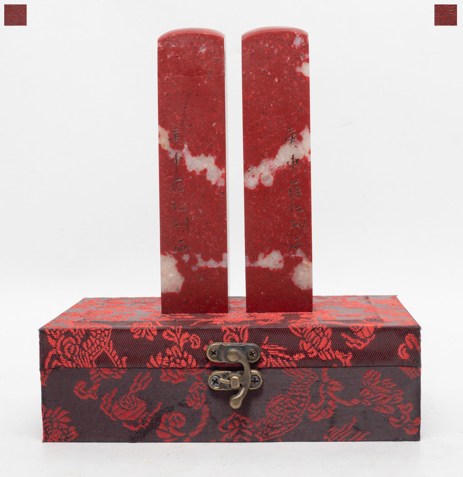 Two Chinese Tall Stone Seals: Two tall Chinese stone carved seals, with box. Approx. 5.1*1.2*1.2 inch (each).