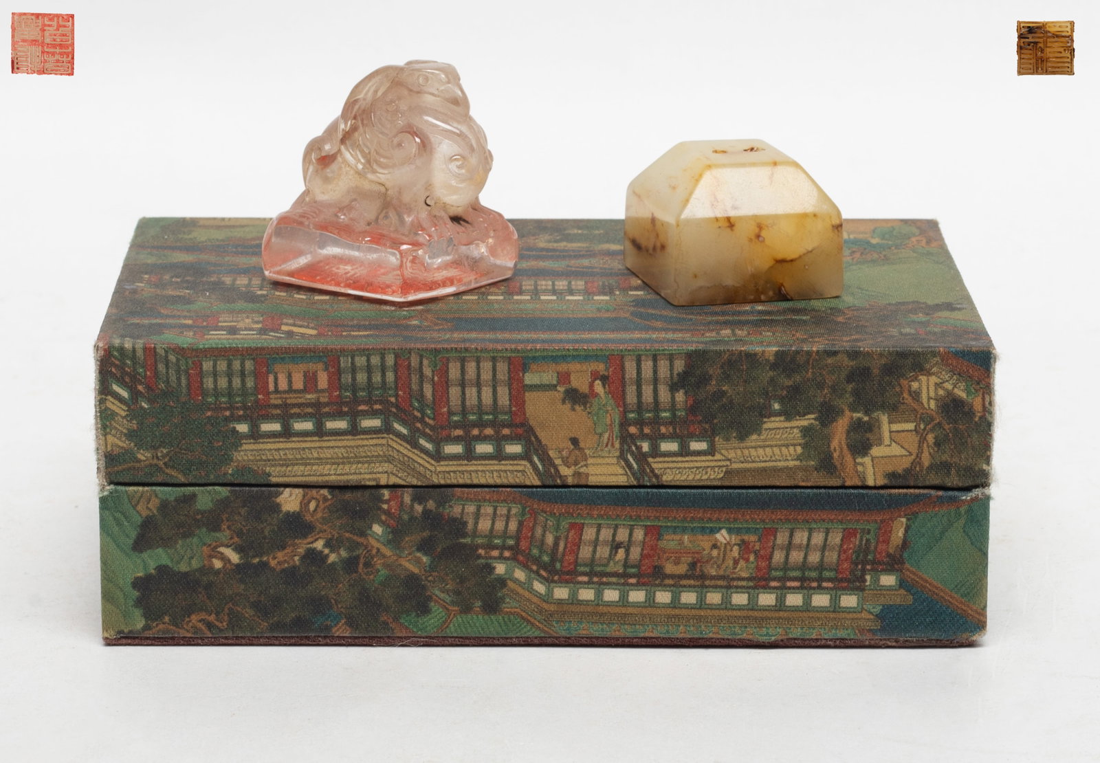 Chinese Jade, Crystal Seal Sets: Chinese crystal seal carved with mythical beast, and jade seal, with box. Approx. 1.48*1.35*1.2 inch (crystal seal size).