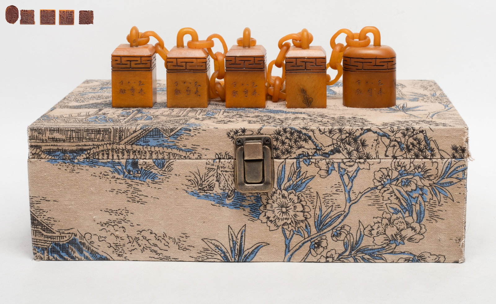 Unusual Chinese Stone Carved Seal Sets: Set of Chinese stone seals linked by chain together, with box. Approx. 2.25*1.5*1.1 inch (largest seal).