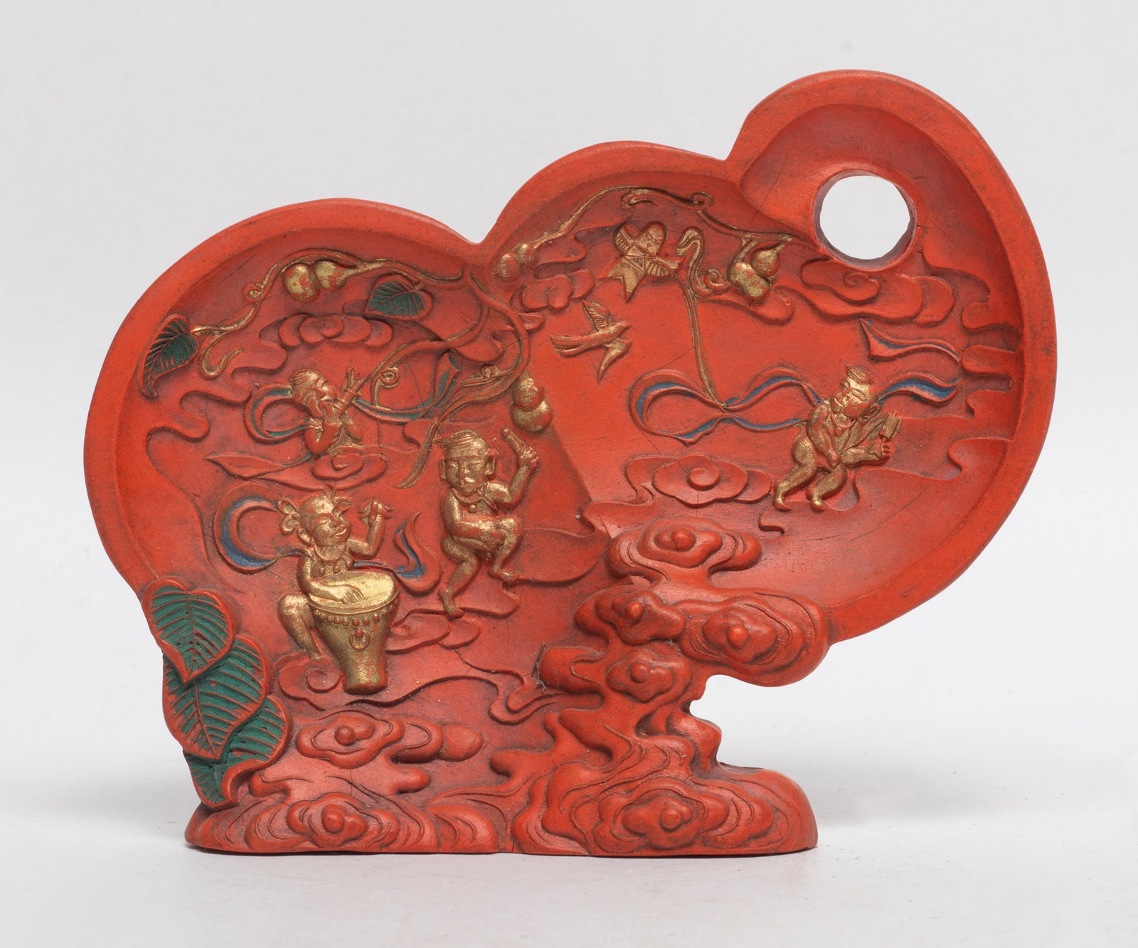 Chinese Ink Made Sculpture: Chinese gourd shape ink made sculpture, carved with playing boys. Approx. 4.7*3.7*1.3 inch.