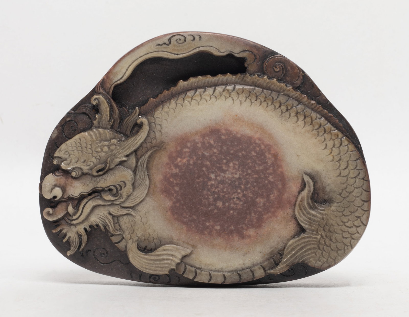 Estate Chinese Writing Ink Stone: Chinese ink stone carved dragon, marked three characters to bottom. Approx. 5.2*4*1 inch.