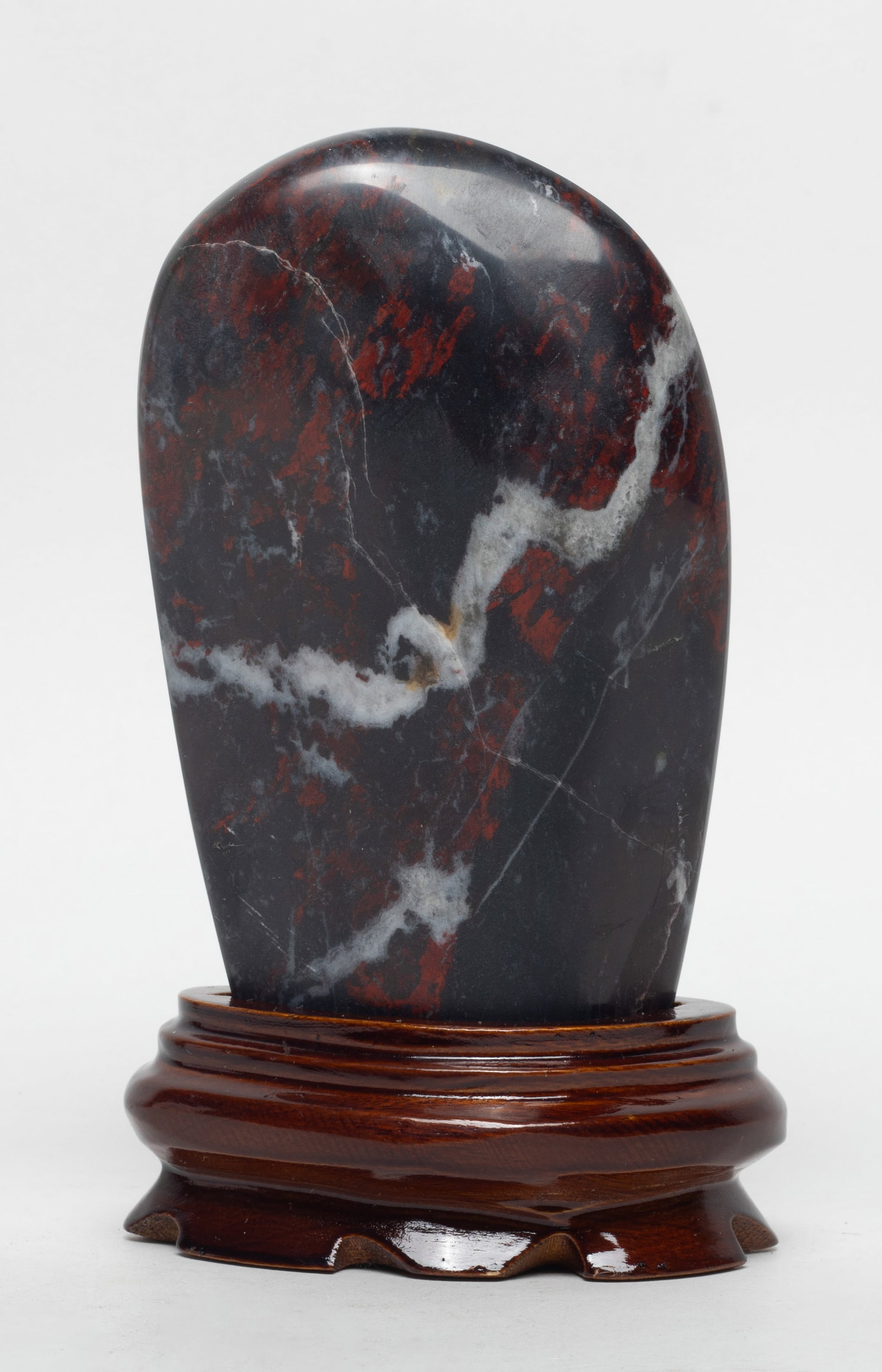 Estate Chinese Jasper Scholar Stone: Chinese jasper scholar stone sculpture with stand. Approx. 6*3.7*2.1 inch (w/ stand).