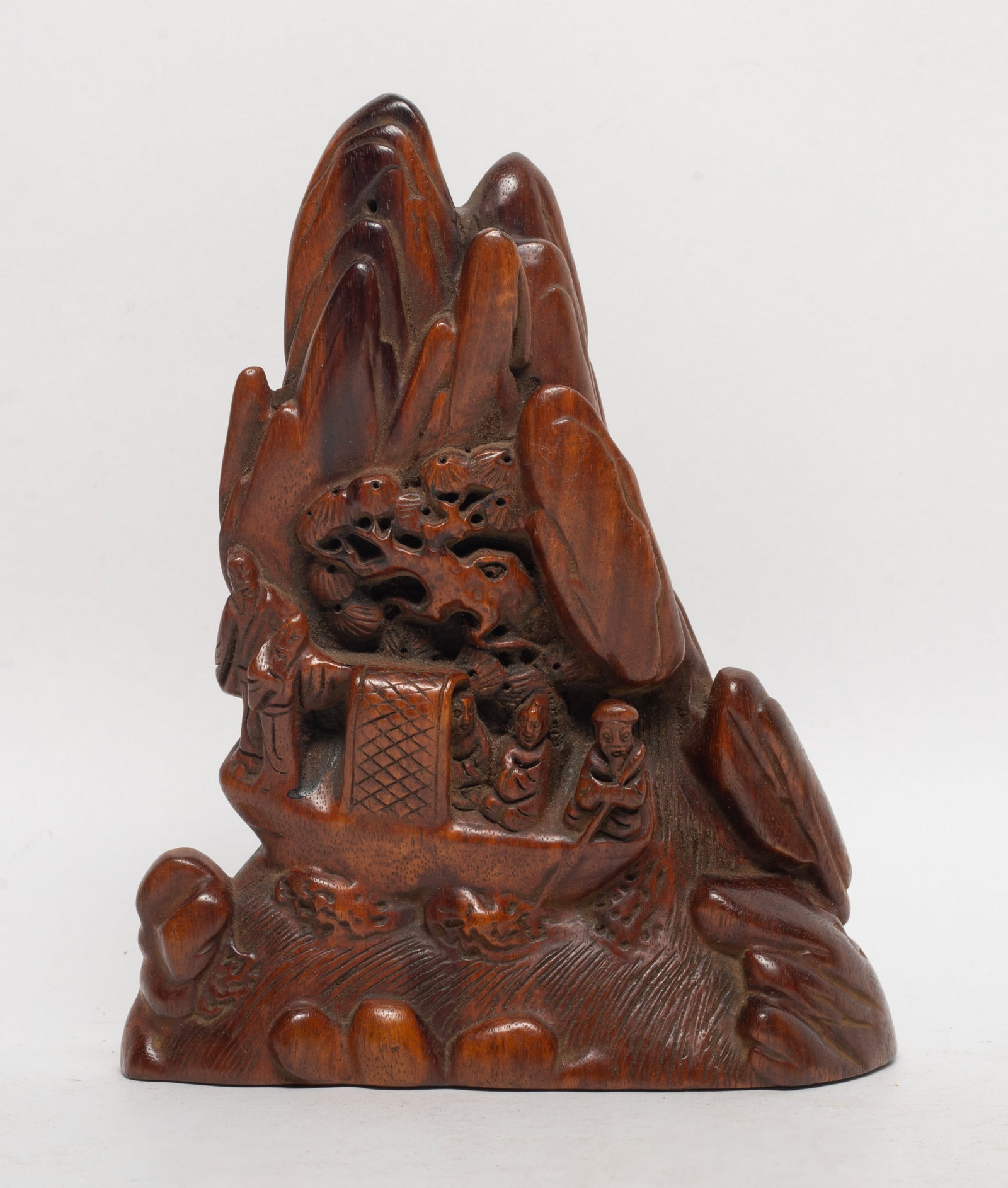 Estate Chinese Wood Table Sculpture: Chinese wood table sculpture carved with figures in mountain and river landscape. Approx. 5.7*4.7*2 inch.