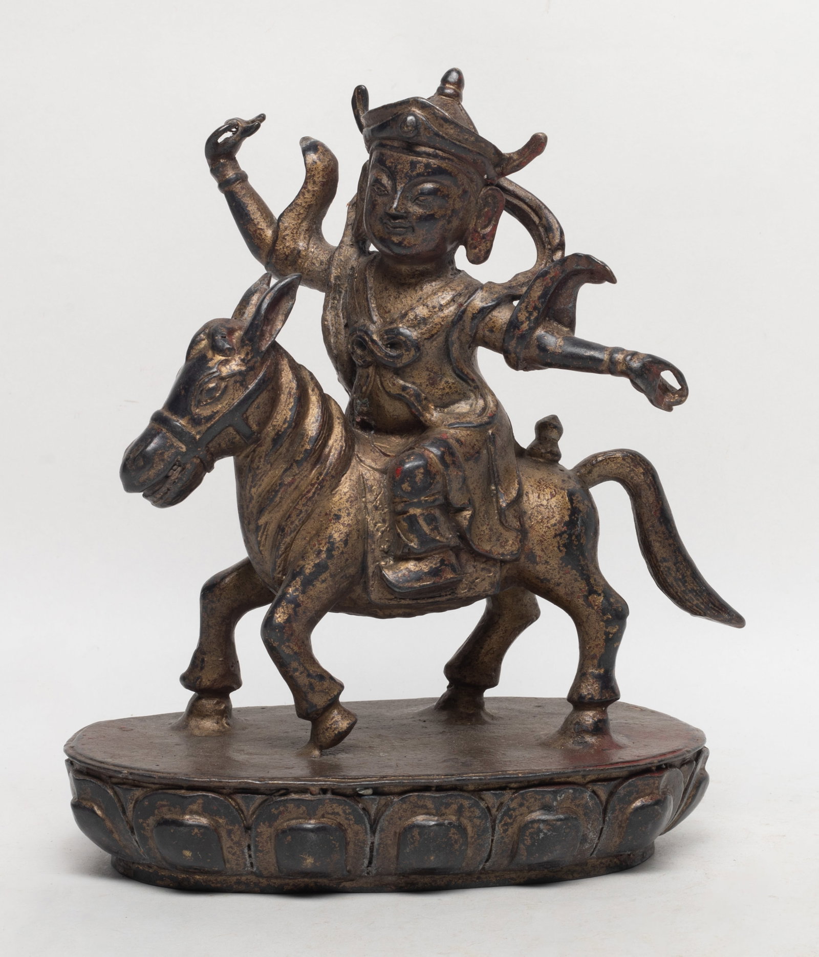Unusual Chinese Bronze Sculpture of Buddha: Chinese bronze sculpture cast as Buddha riding on horse on lotus base. Approx. 8.6*7*3.9 inch.
