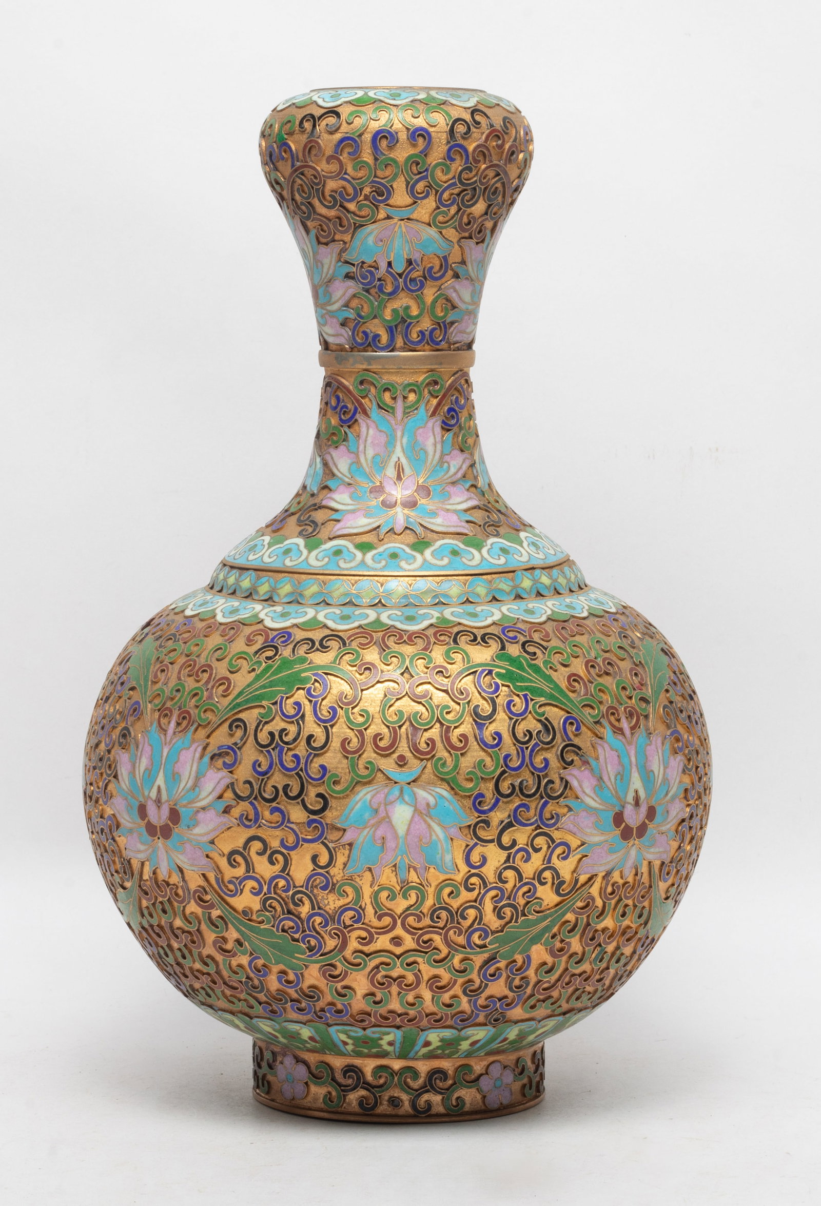 Tall Chinese Cloisonne Vase: Chinese cloisonne vase decorated with lotus scrolls. Approx. 12.1*7.4 inch.