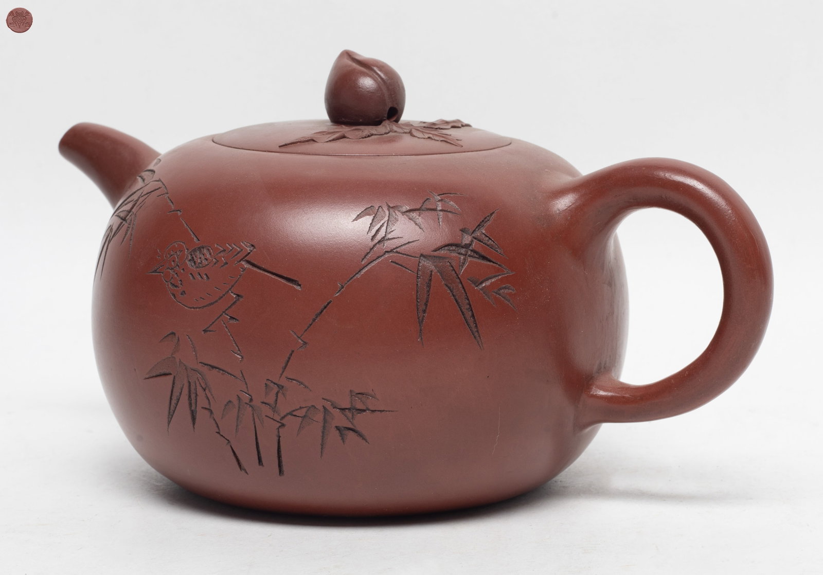 Large Chinese Export Yixing Zisha Tea Pot: Large Chinese Yixing zisha tea pot, the lid inside and the pot bottom incised mark. Approx. 7.6*5*4.2 inch.