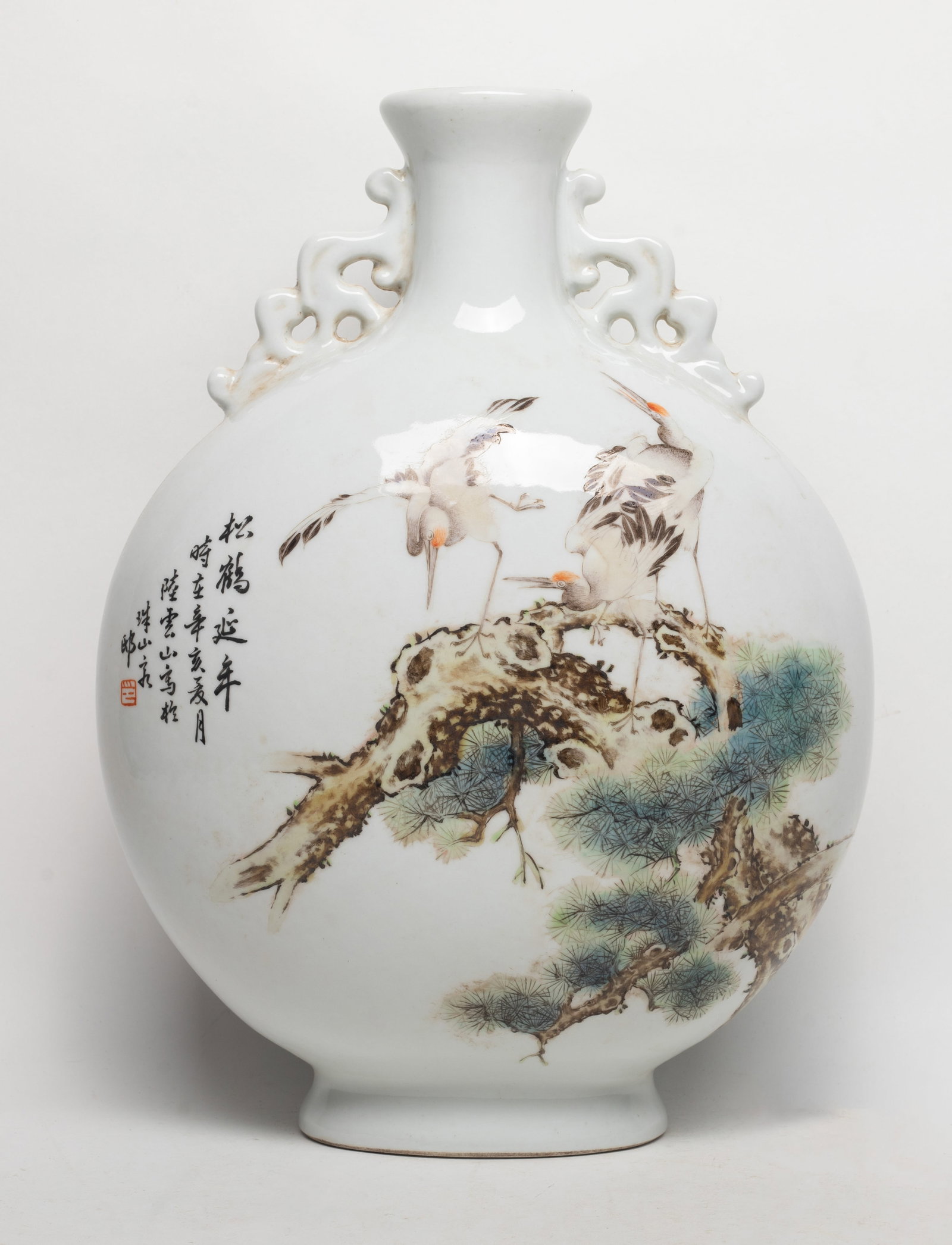 Tall Chinese Famille Rose Porcelain Vase: Heavy Chinese famille rose porcelain vase, one side painted bamboo and lingzhi, the reverse painted cranes and pine stems. Approx. 14.2*10.5*6 inch.