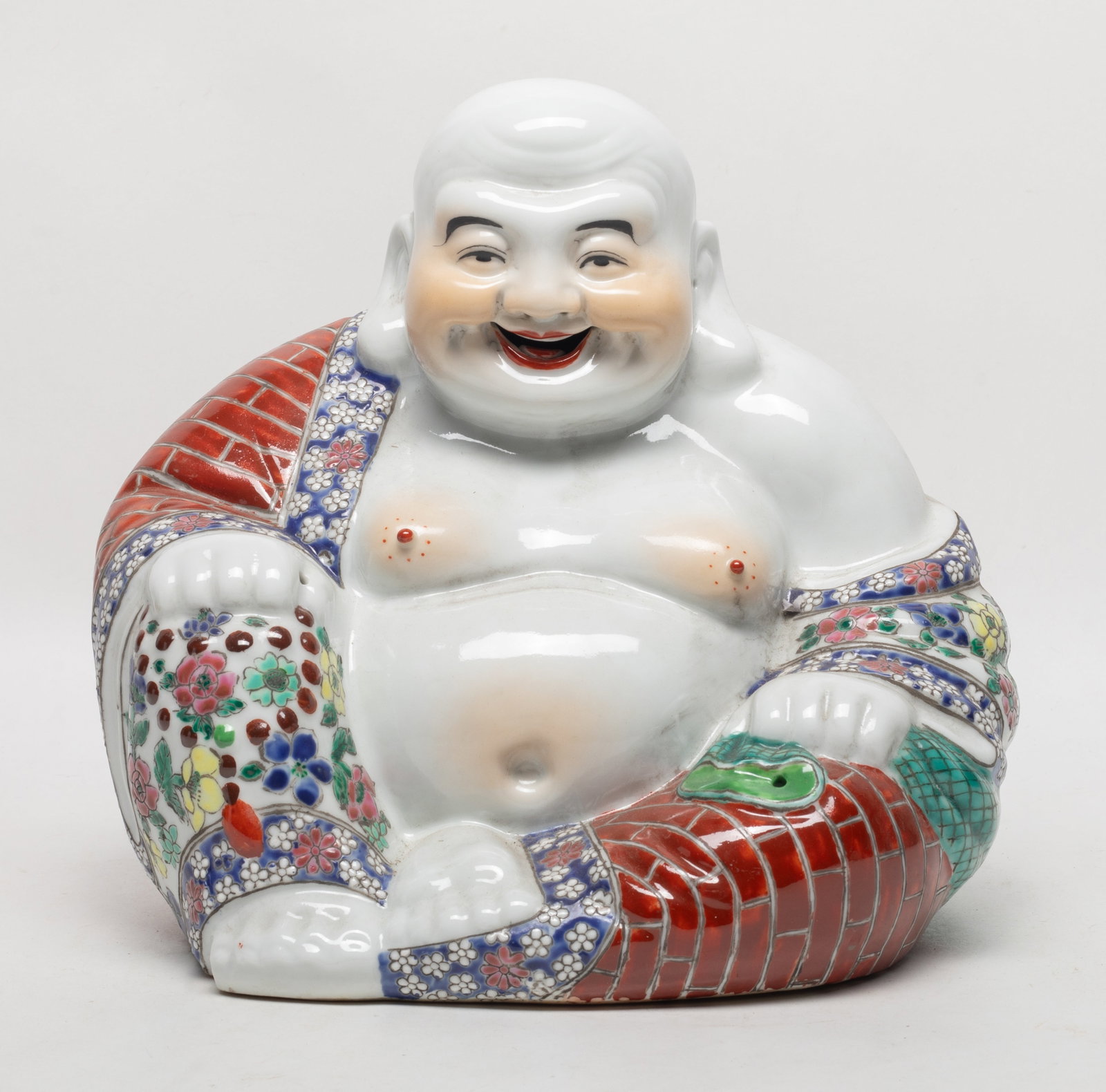 Large Chinese Famille Rose Porcelain Buddha: Large Chinese famille rose porcelain sculpture of Maitreya Buddha, incised mark on the bottom. Approx. 9.5*8.7*6.8 inch.