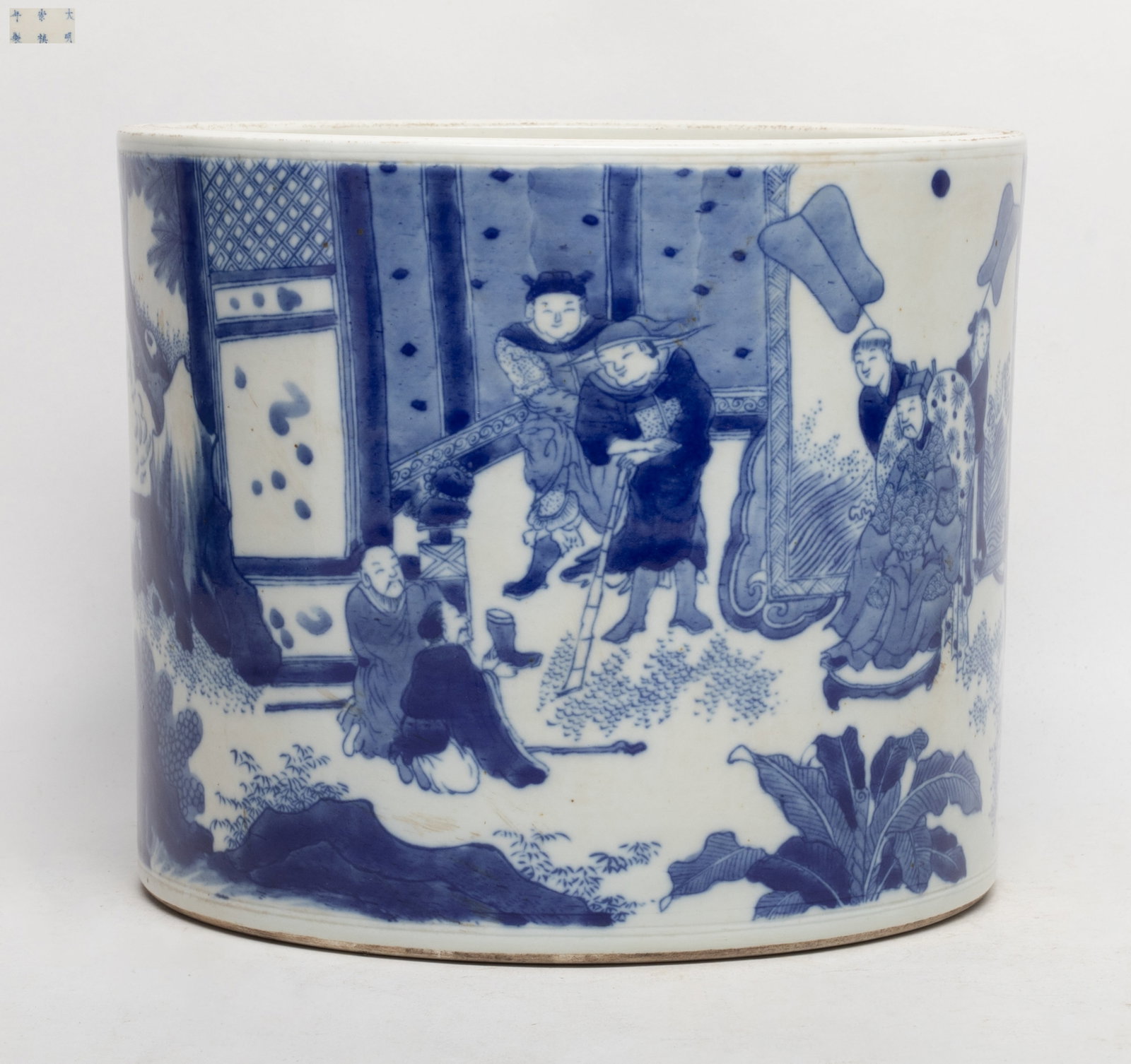 Large Chinese Blue & White Porcelain Brush Pot: Large Chinese blue and white porcelain brush pot decorated with figural scene, marked six characters to underside. Approx. 8.8*7.3 inch.