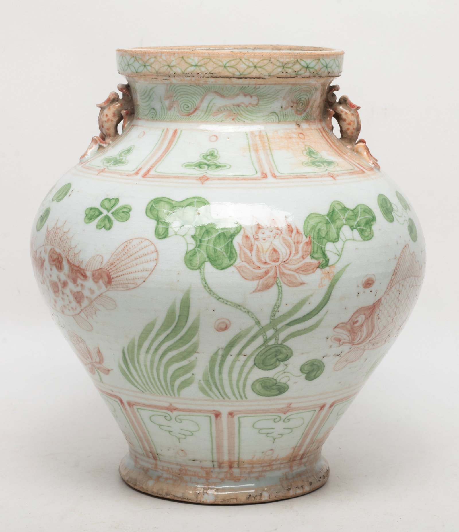 Chinese Early Type Porcelain Vase: Chinese porcelain vase painted in green and red colors with fish and lotus. Approx. 9.5*8.5 inch.