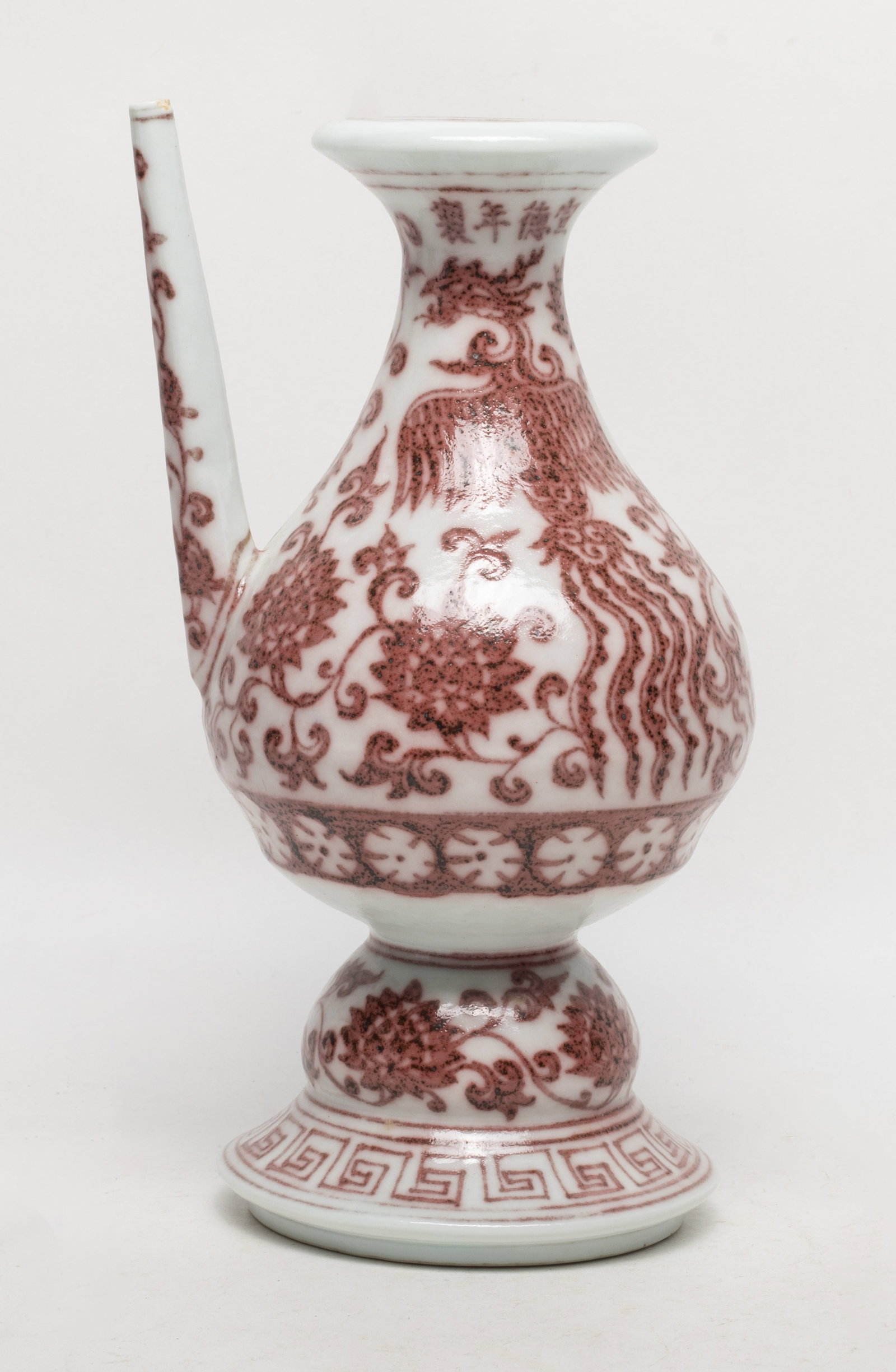 Chinese Temple Used Porcelain Pot: Chinese porcelain pot painted in copper red with phoenix and lotus, marked four characters under mouth. Approx. 8.6*4.2 inch.