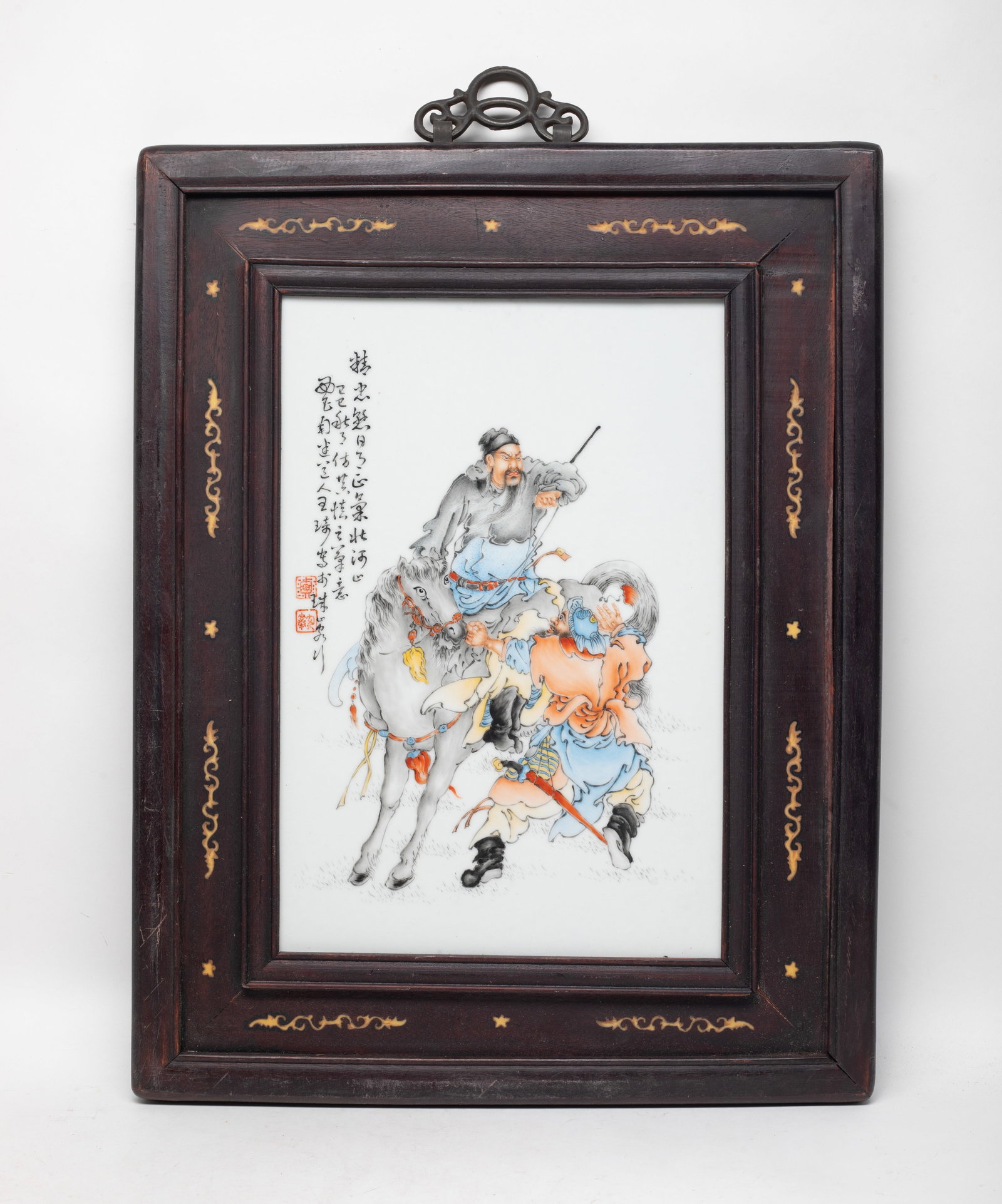 Estate Chinese Wood & Porcelain Hanging Plate: Estate Chinese wood porcelain hanging plate. Approx. 15.7*20.3 inches (with frame)