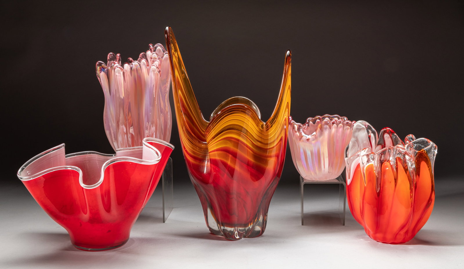 Set Mid-century Viking Glass Swung Vases: Group of 5 art color glass vases. Approx. 13.5-8-5 inch (largets).
