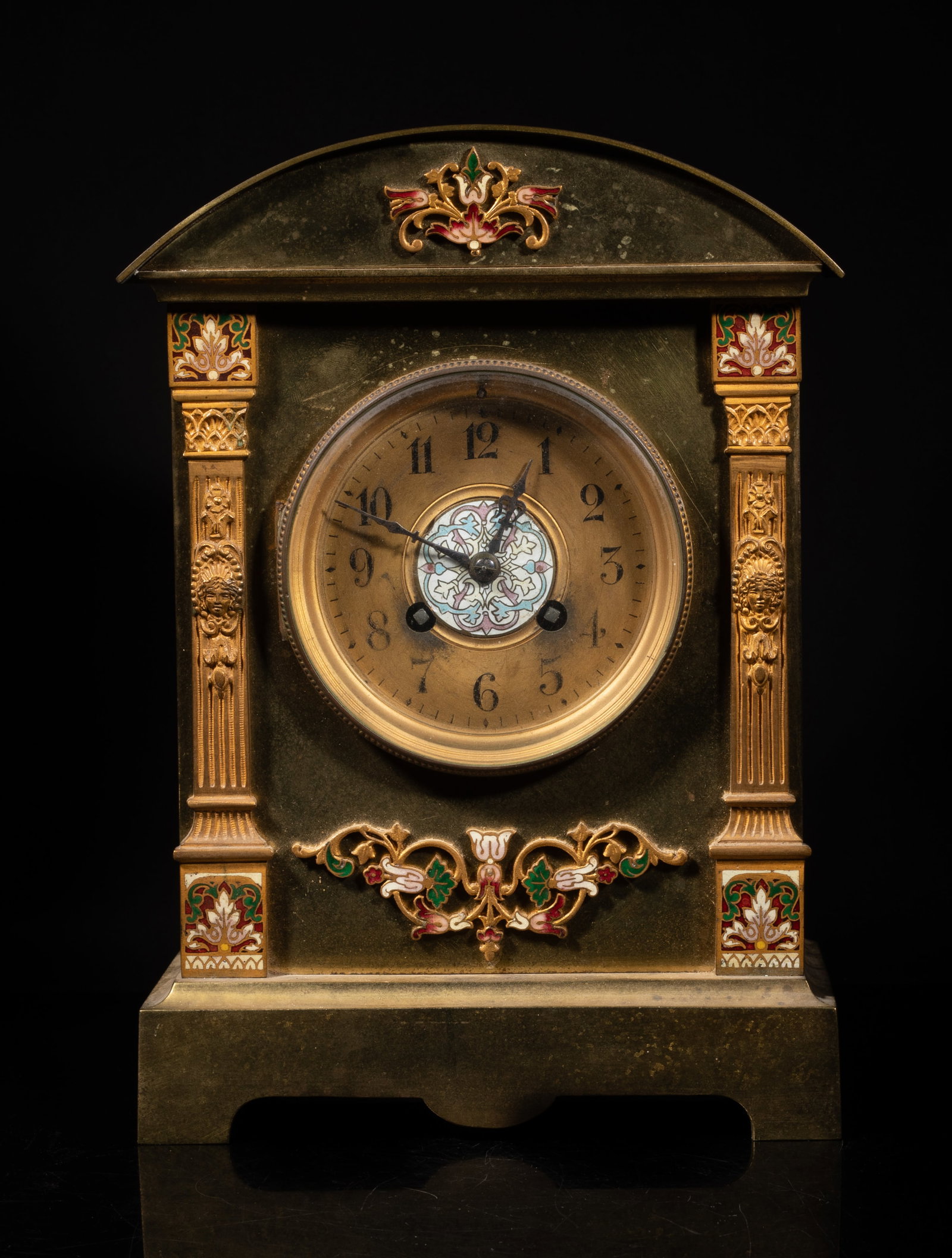 Antique France Cloisonne Gilt Bronze Clock: Antique French cloisonne gilt bronze table clock. Approx. 11.5*8*4.2 inch. The Estate of the Store Closed Sale, Pasadena, CA. 2025.