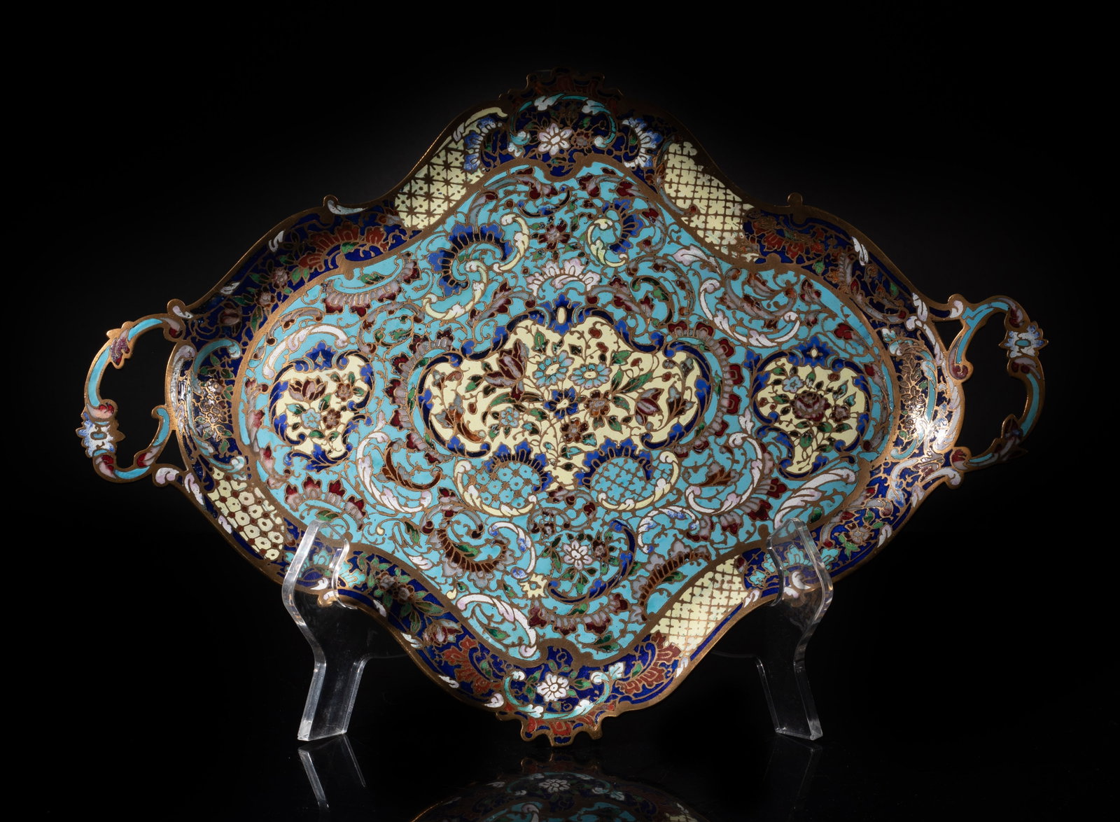 Antique France Enameled Cloisonne Plate: Antique delicate French enameled cloisonne plate. Approx. 14.8*10.7 inch. The Estate of the Thomas & Anna. Fung. Huntington Beach, CA, 2016.