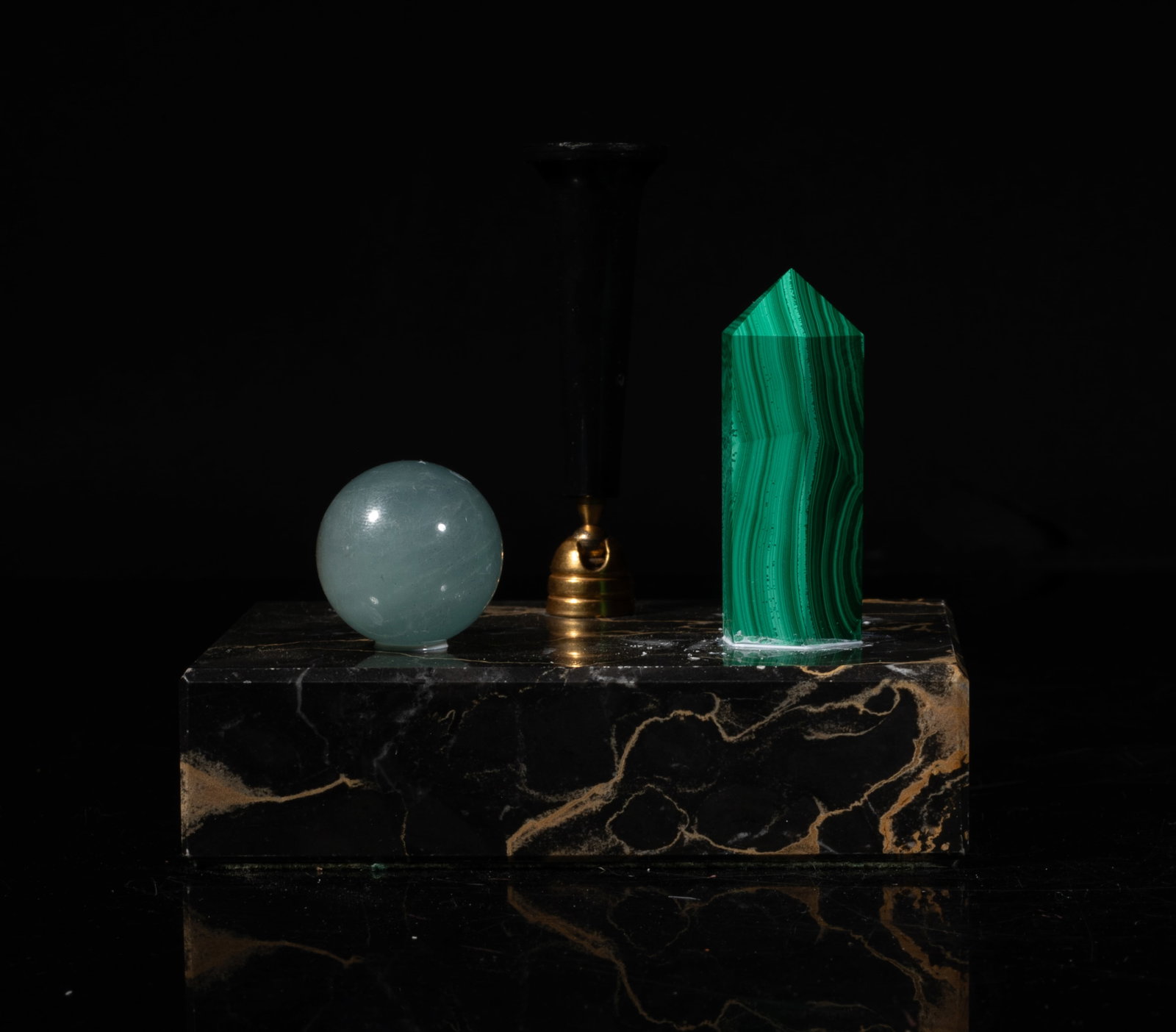 Vintage Aquamarine, Malachite Pen Holder: Vintage marble desk organizer with pen holder, aquamarine ball and malachite point. Approx. 4*3.5*3 inch.