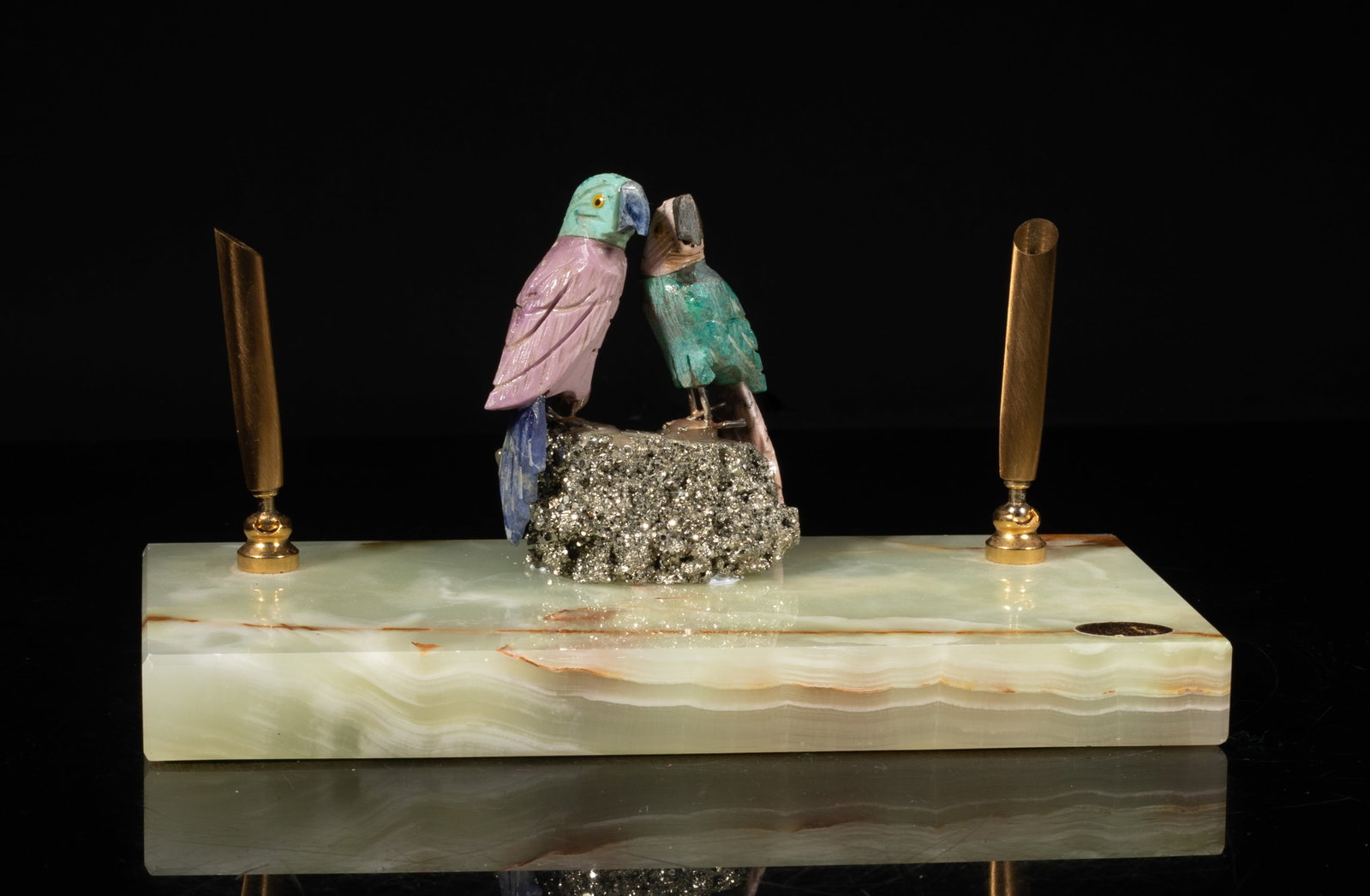 Vintage Marble, Gemstone Bird Pen Holder: Vintage marble desk organizer with two pen holders and gemstone carved parrot sculpture. Approx. 8*4*4 inch.