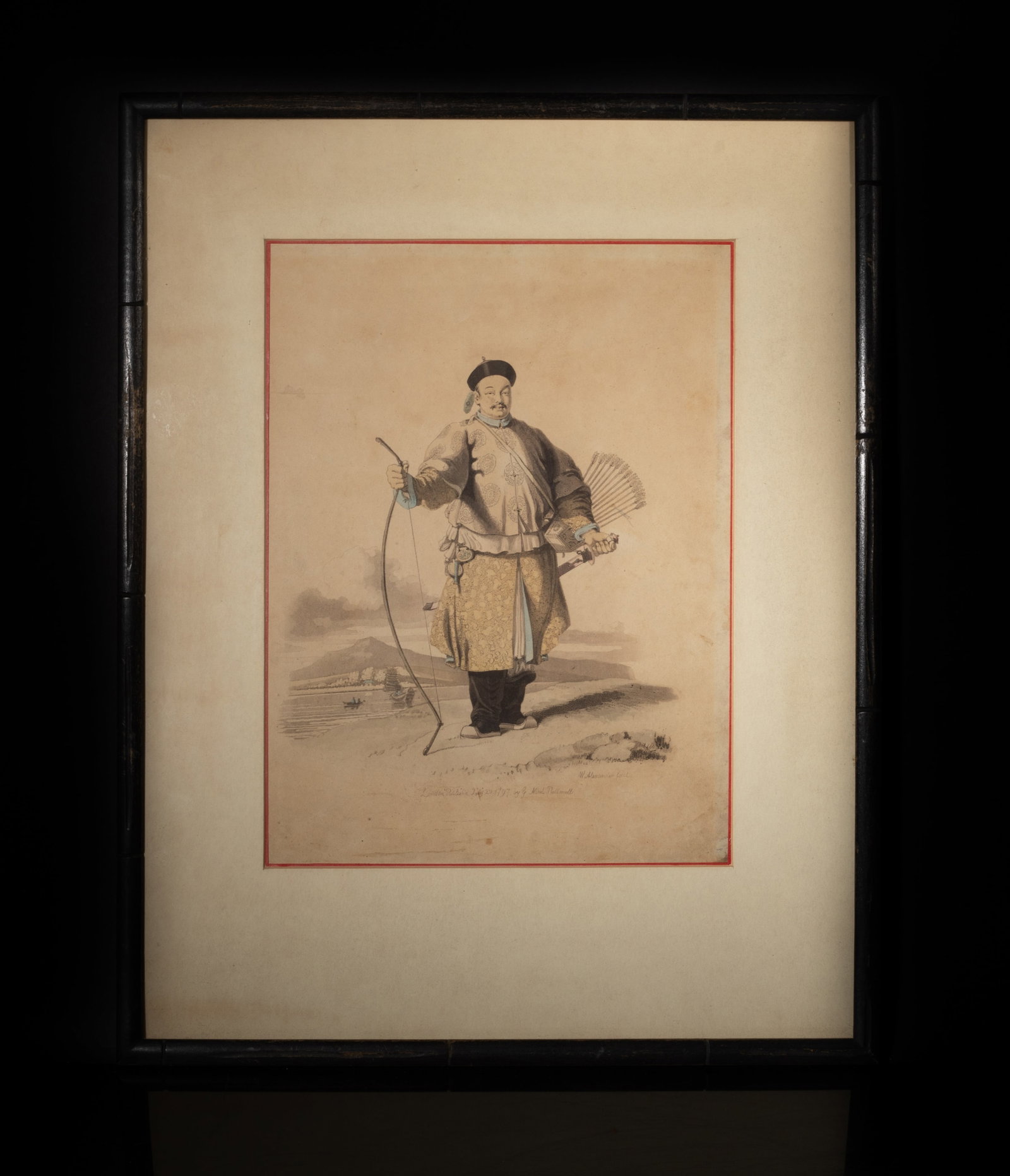 Antique William Alexander Chinese Aquatint: Antique William Alexander Chinese aquatint, depicts an imperial Chinese holding a bow and fan, with classic matted border. Approx. 14.5*18.5 inch (w/frame).